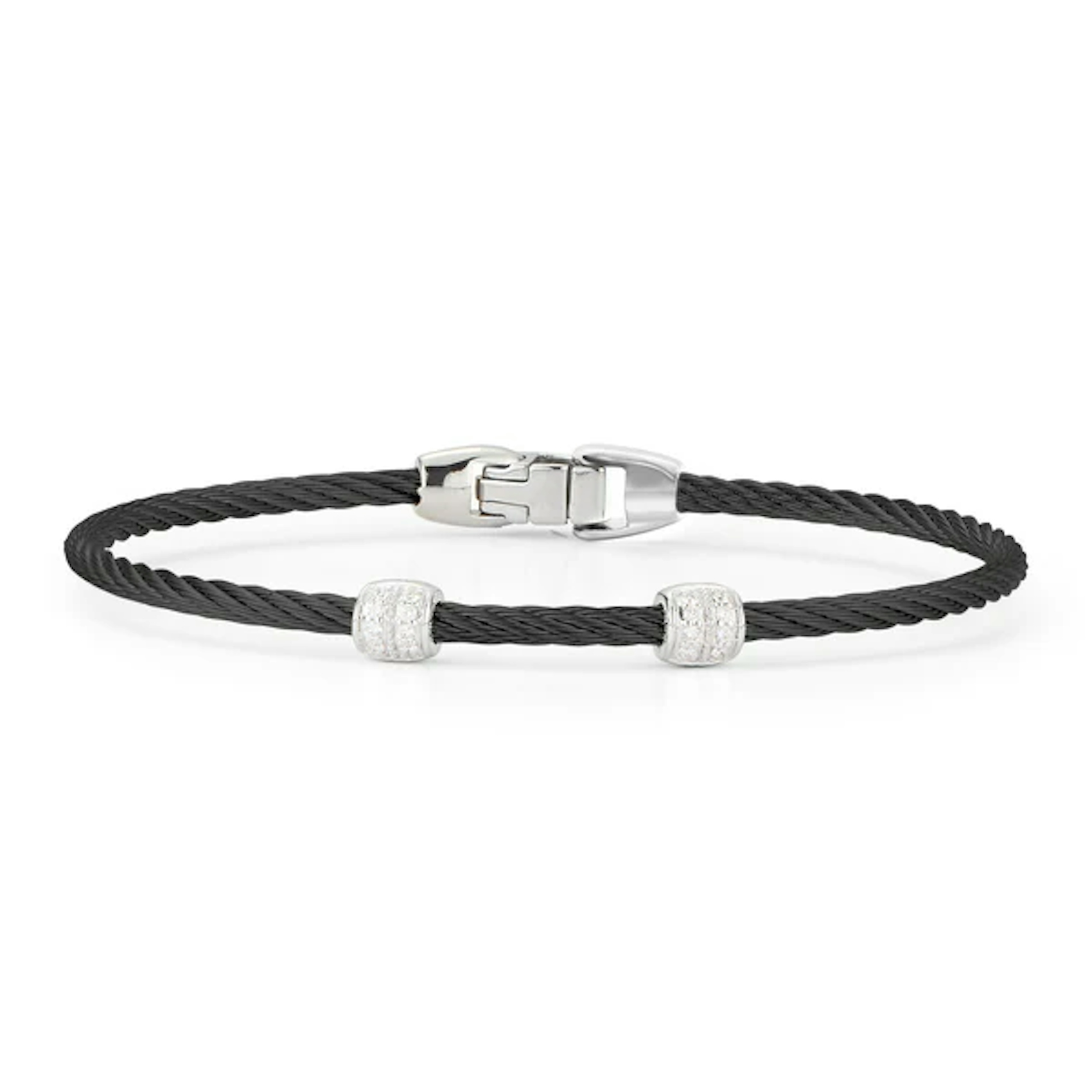 Vertical Stainless Steel and 18K White Gold Classique Diamond Black Cable Bangle