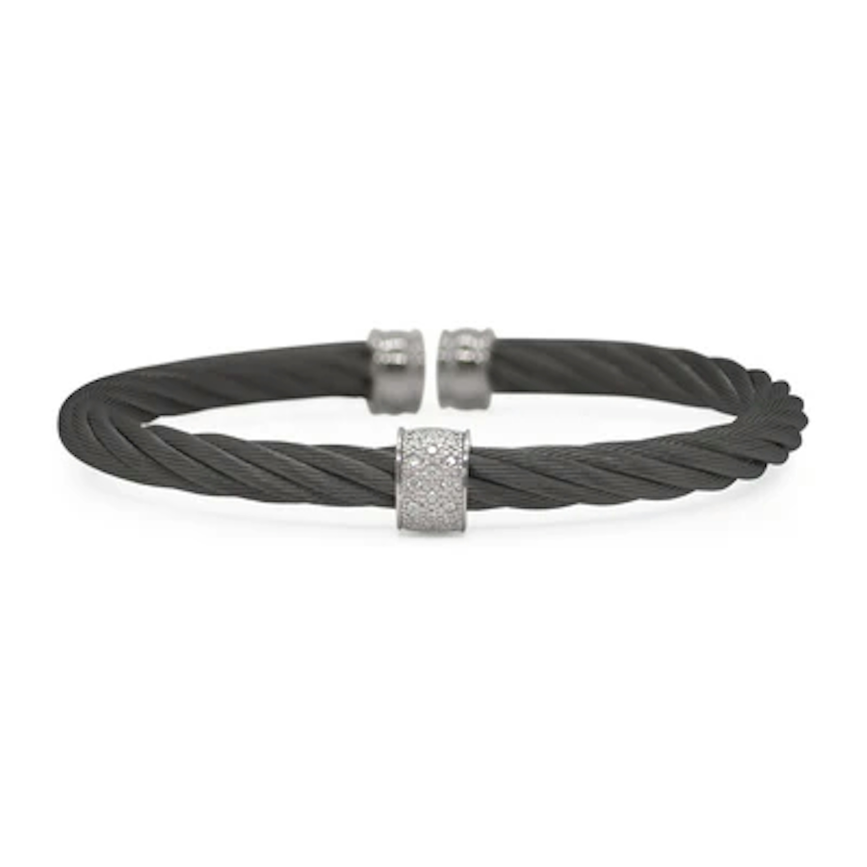 Vertical Stainless Steel and 18K White Gold Noir Diamond Black Cable Bangle