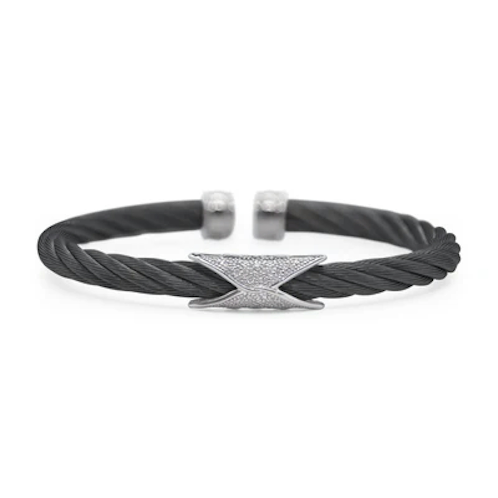 Vertical Stainless Steel and 18K White Gold Noir Diamond Black Cable Bar Bangle