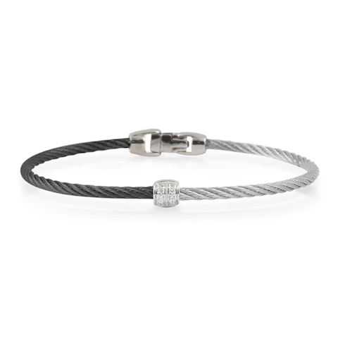Vertical Stainless Steel and 18K White Gold Classique Diamond Black and Grey Cable Bangle