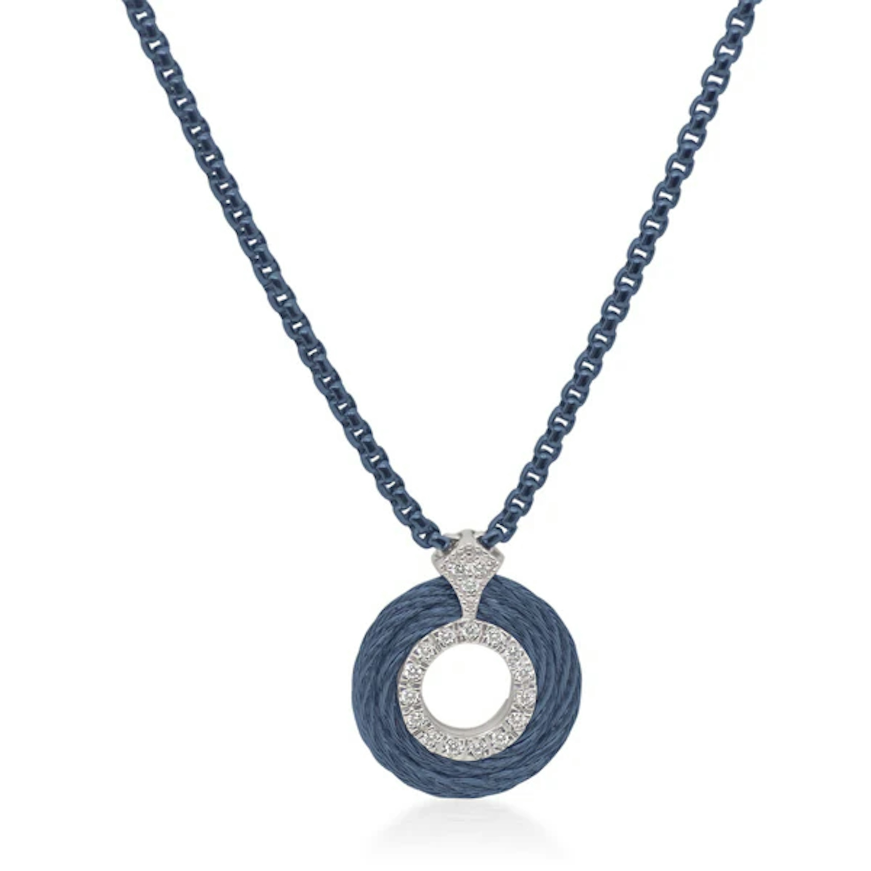 Vertical Stainless Steel and 14K White Gold Classique Diamond Blueberry Cable Pendant Necklace