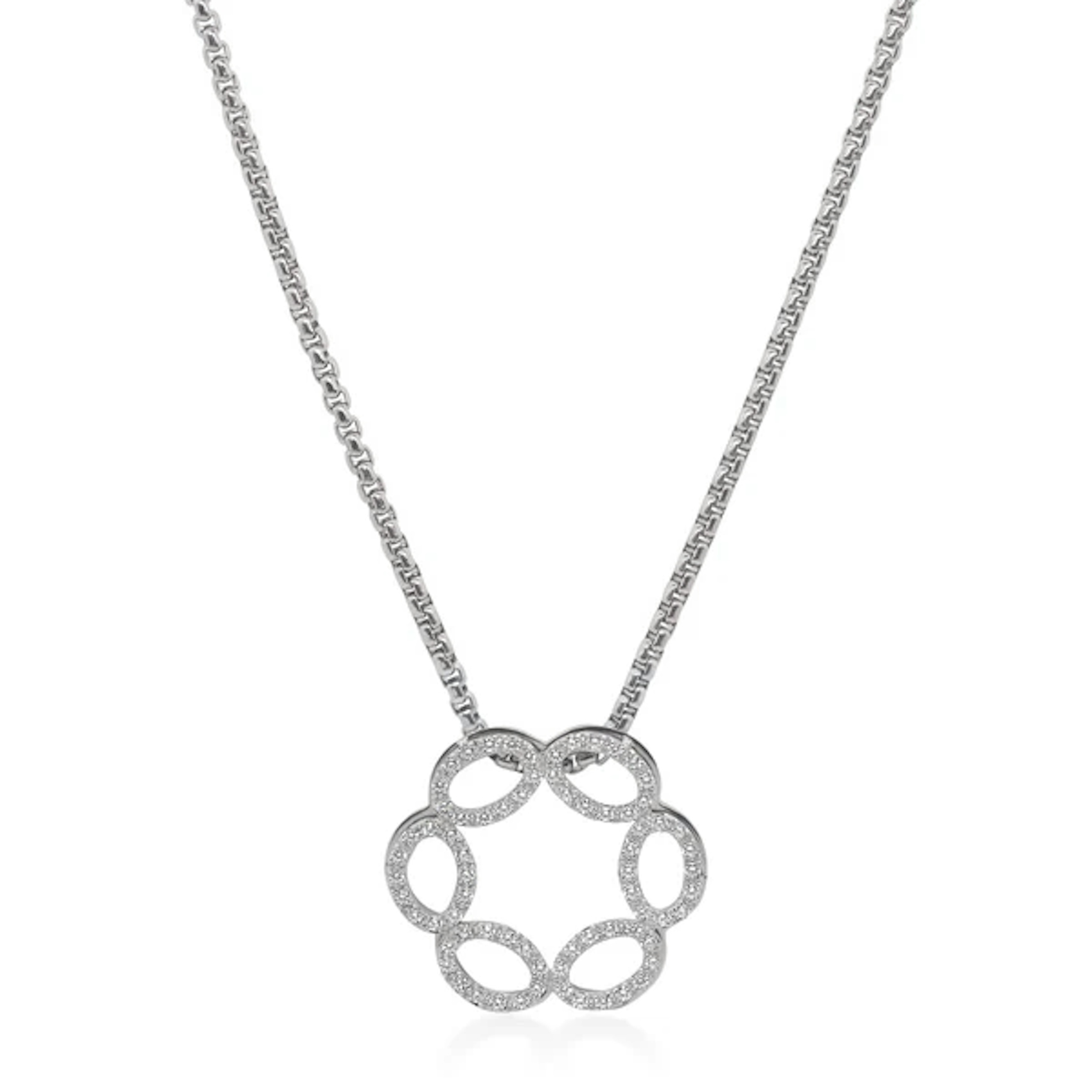 Vertical Stainless Steel and 14K White Gold Classique Diamond Open Circle Pendant on Chain