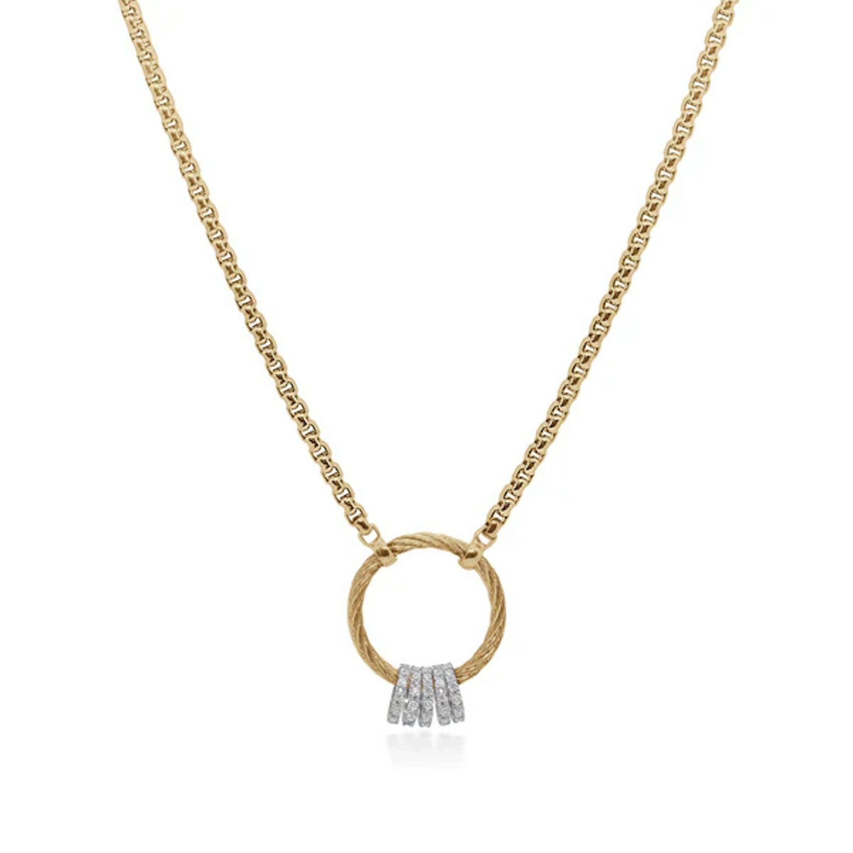 Vertical Stainless Steel and 14K White Gold Classique Diamond Open Circle Necklace