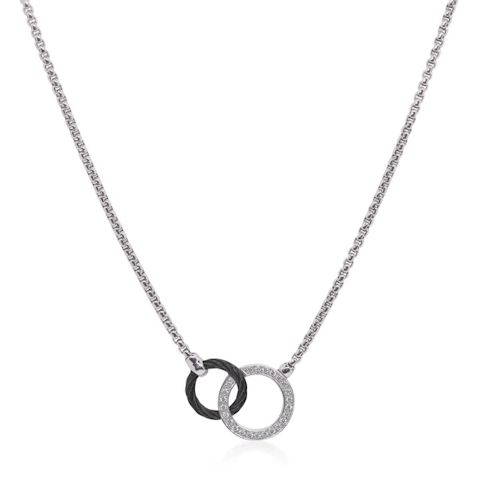 Vertical Stainlesss Steel and 14K White Gold Noir Diamond Black Cable and Grey Chain Necklace
