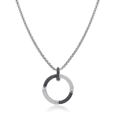 Vertical Stainless Steel and 14K White Gold Noir Diamond Black Cable Circle Pendant Necklace