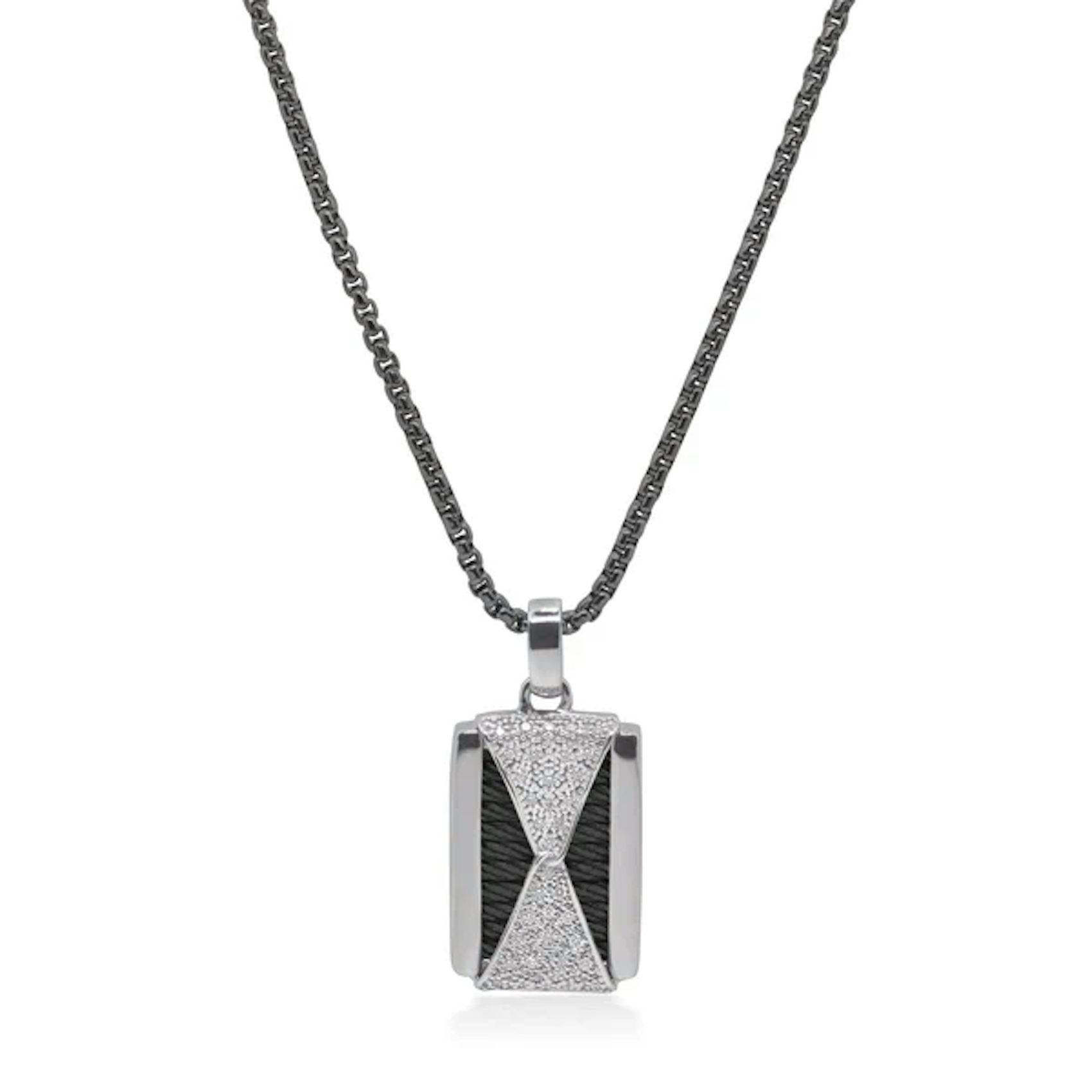 Vertical Stainless Steel and 14K White Gold Noir Diamond Id Tag Pendant Necklace