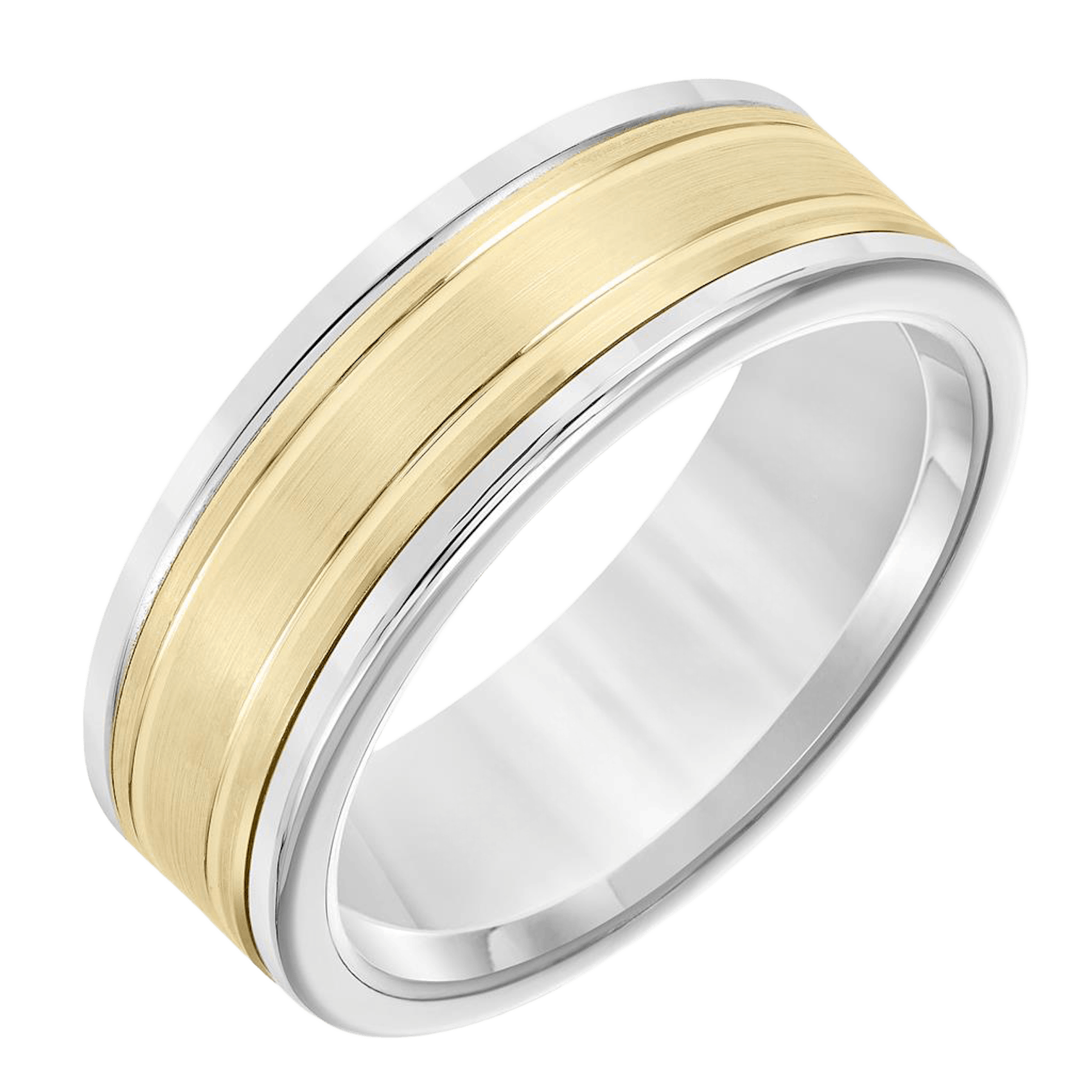 Vertical White Tungsten and 14K Yellow Gold Double Engraved Finish Round Edge Band