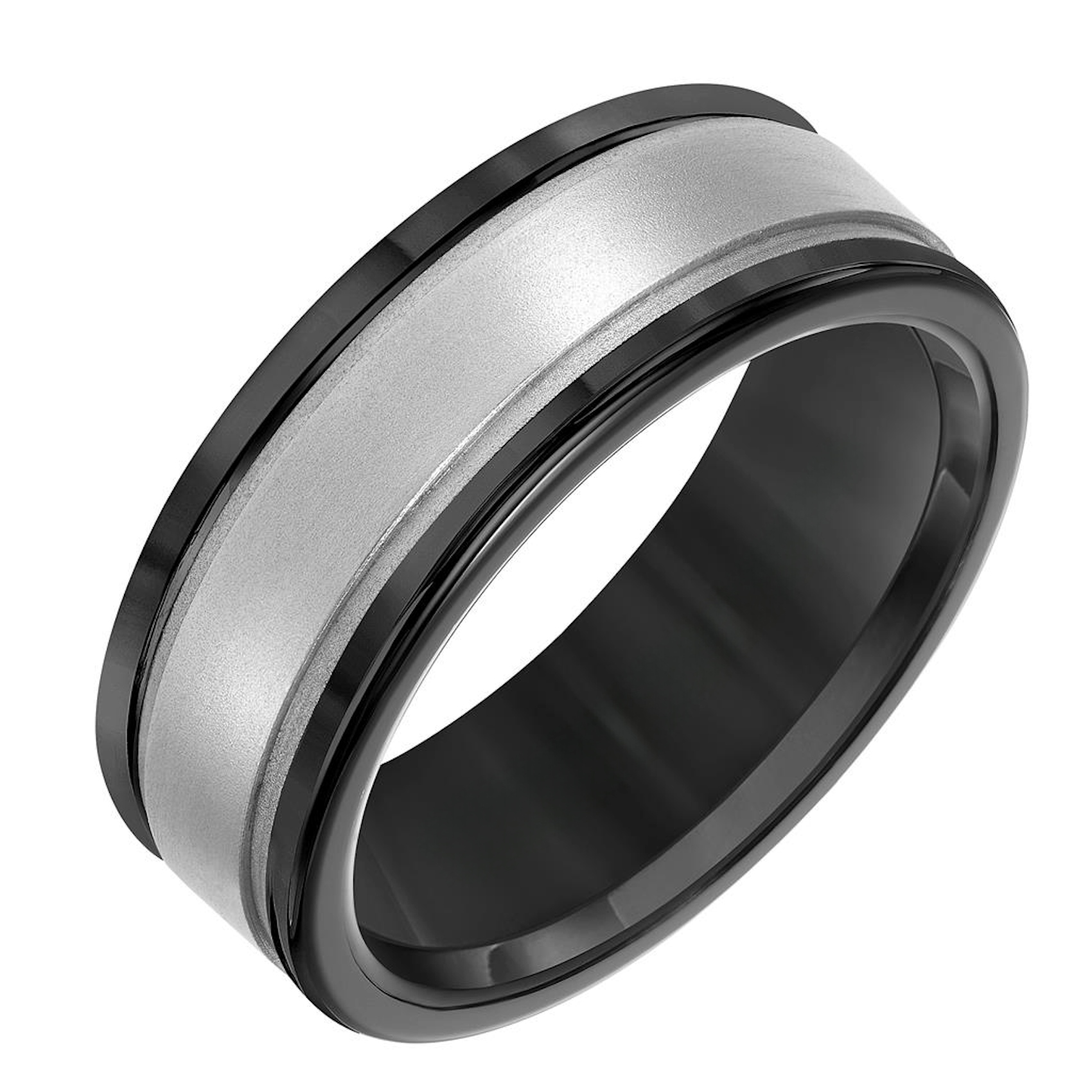 Vertical Black Tungsten and 14K White Gold Satin Finish Round Edge Contemporary Band