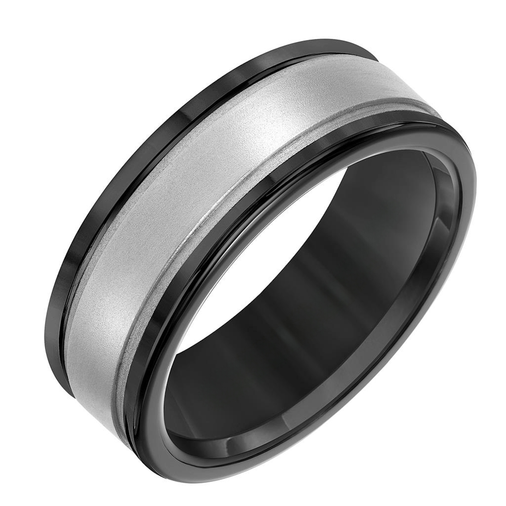 Vertical Grey Tungsten and 14K White Gold Satin Finish Round Edge Contemporary Band