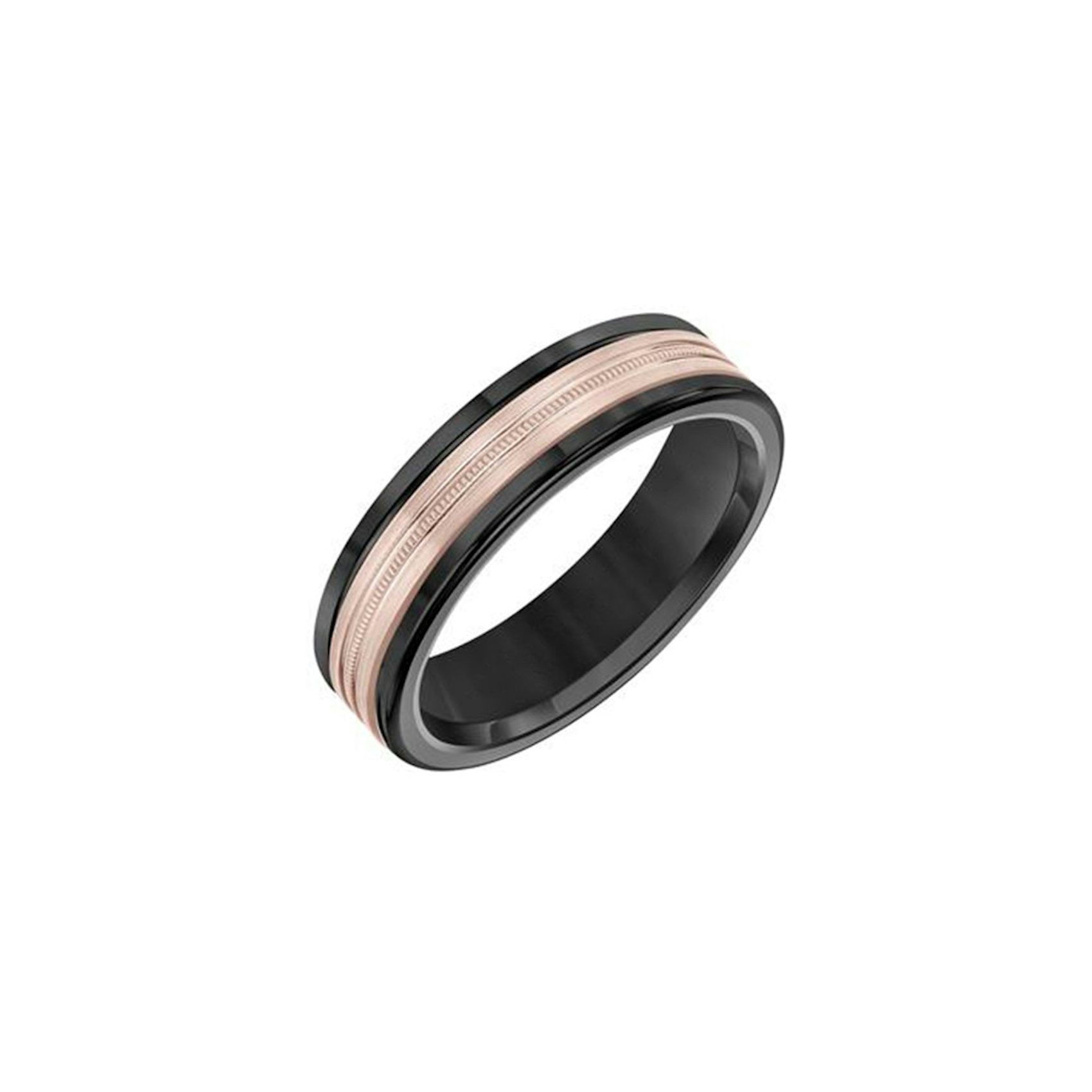Vertical 14K Rose Gold and Black Tungsten Milgrain Finish Round Edge Band