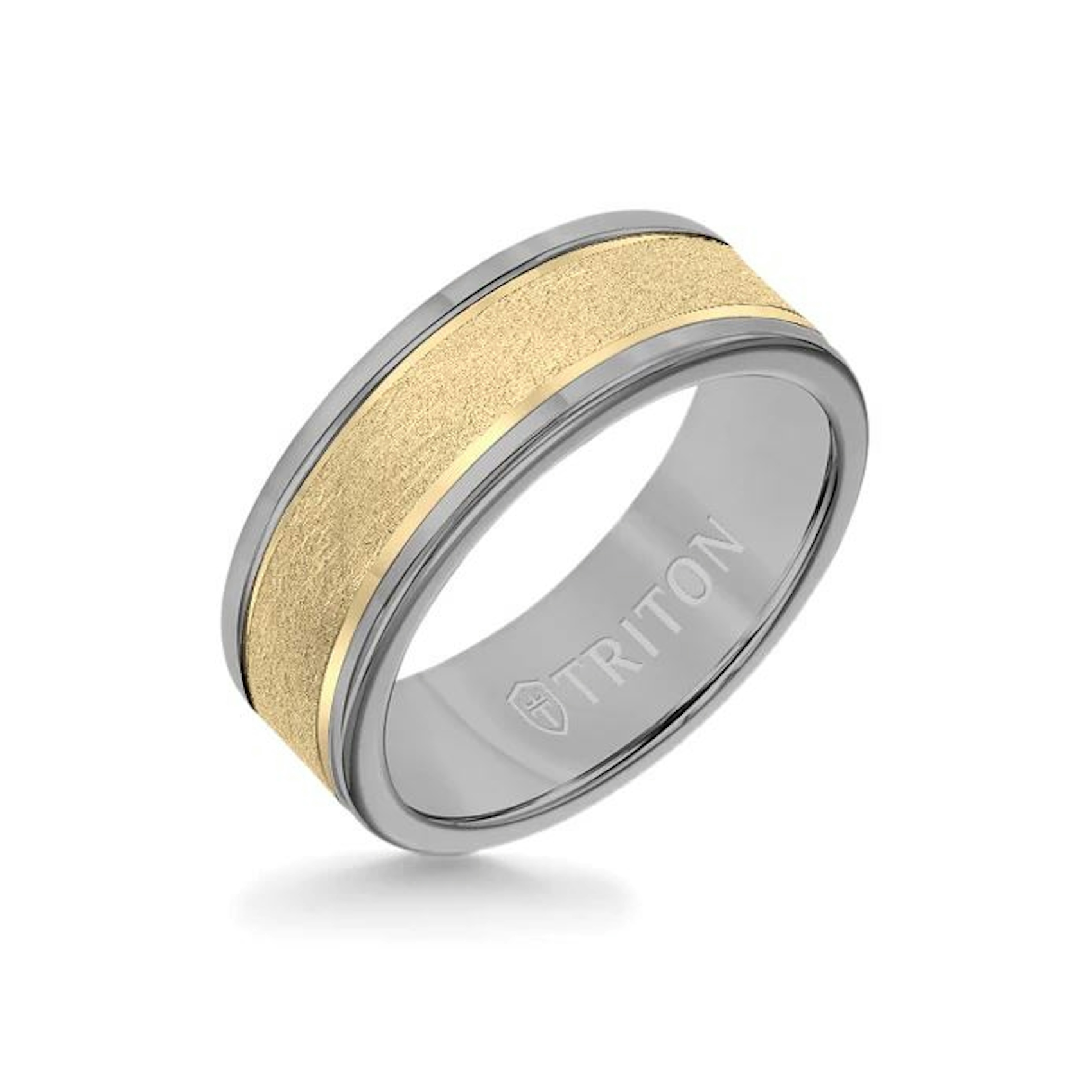 Vertical 14K Yellow Gold and Grey Tungsten Cystaline Finish Round Edge Band