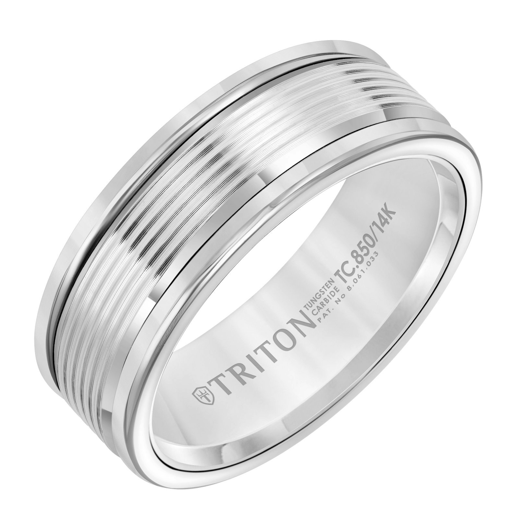 Vertical Grey Tungsten and 14K White Gold Serrated Cut Finish Round Edge Band