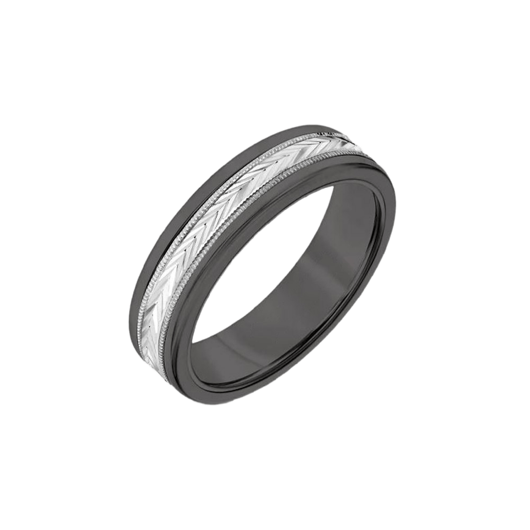 Vertical Black Tungsten and 14K White Gold Herringbone Milgrain Round Edge Band