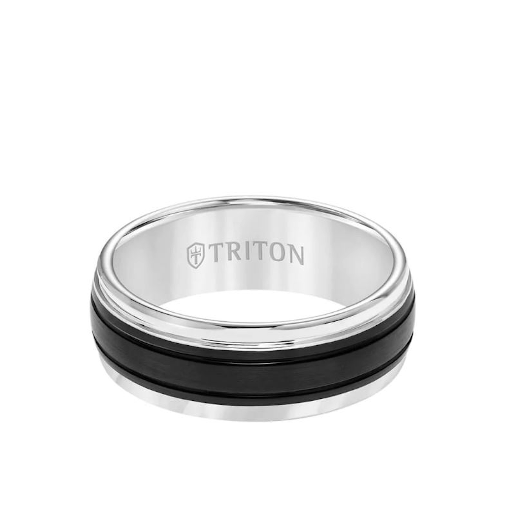 Vertical White Tungsten Bevel Edge Ribbed Black Center Stripe Band