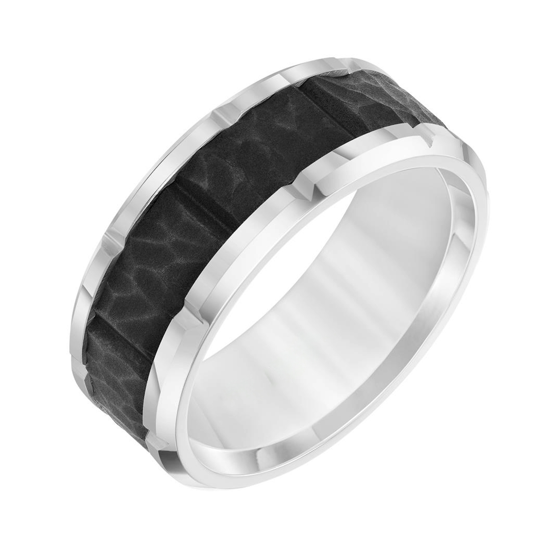 Vertical White Tungsten Bevel Edge Black Sandblasted Center Band