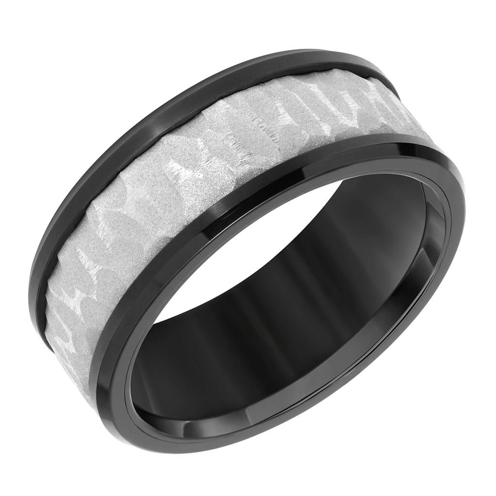 Vertical Black Tungsten Bevel Edge Sandblasted Center Band