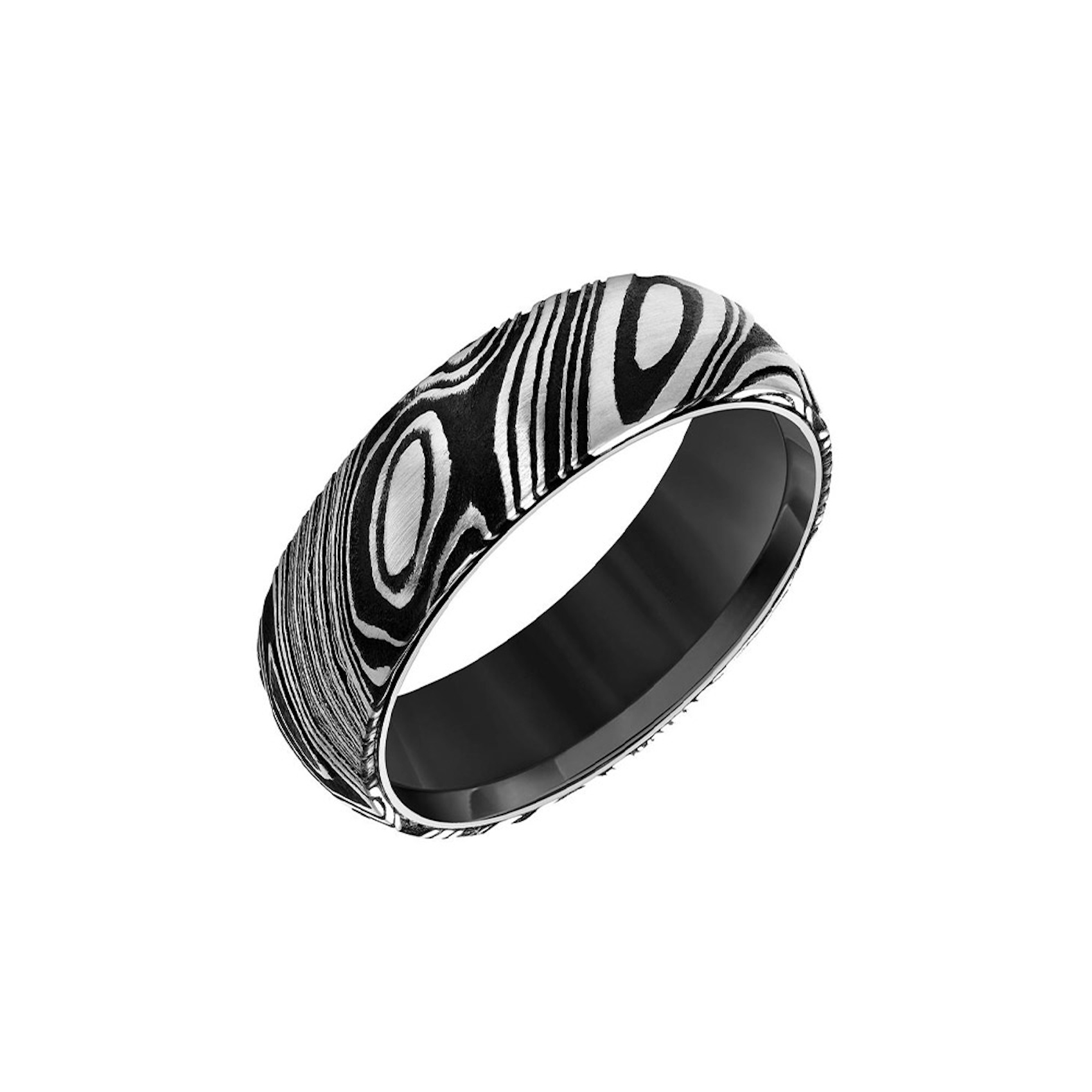 Vertical Black Tungsten and Damascus Steel Brush Finish Round Edge Contemporary Band