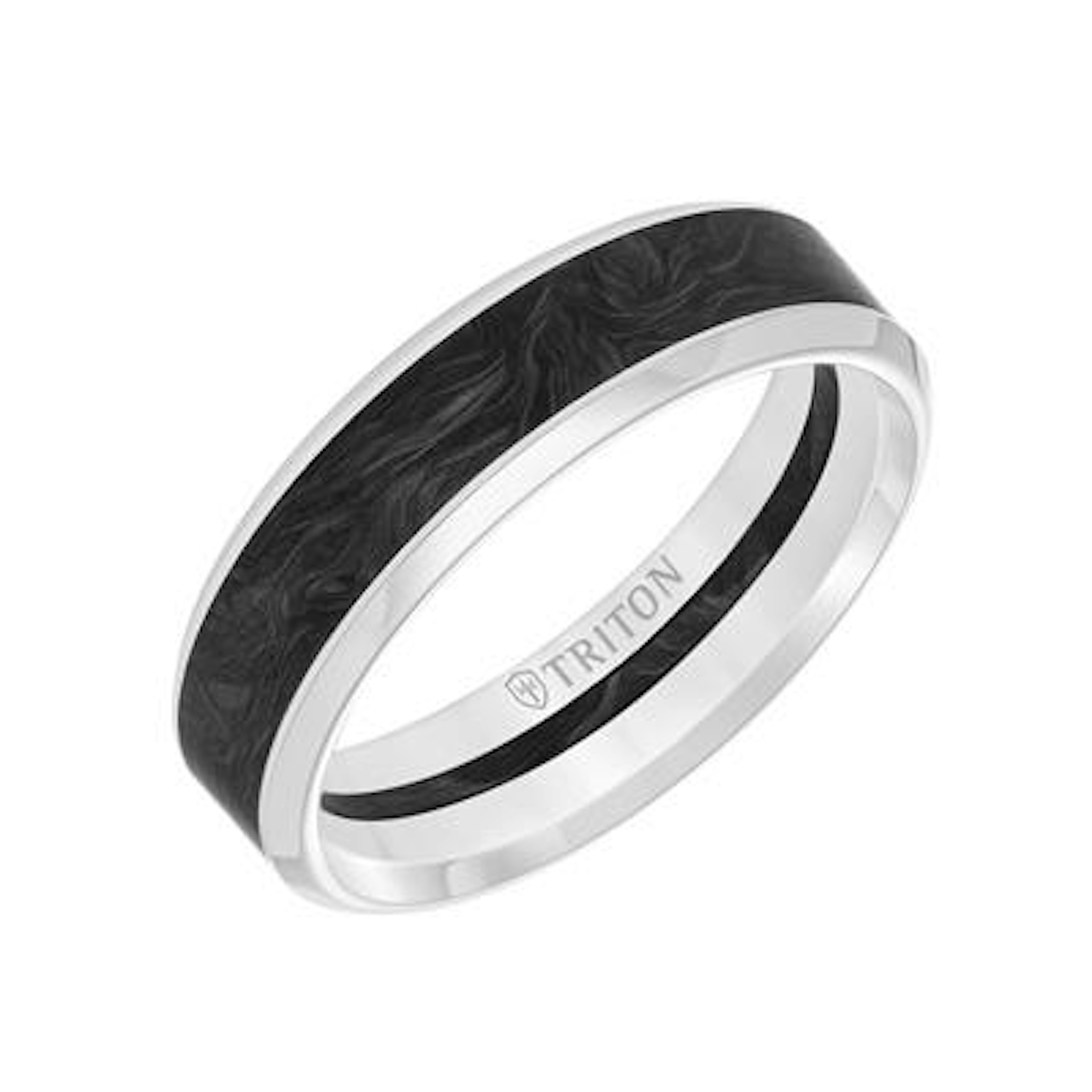 Vertical 14K White Gold and Carbon Bevel Edge Contemporary Band