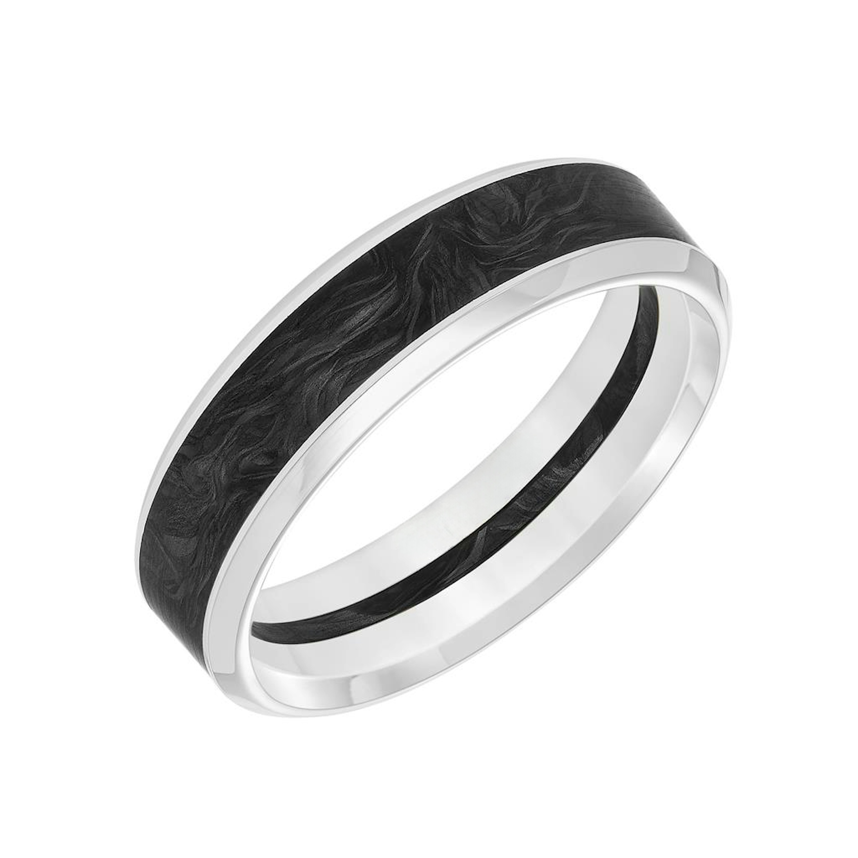 Vertical 14K White Gold and Carbon Bevel Edge Contemporary Band