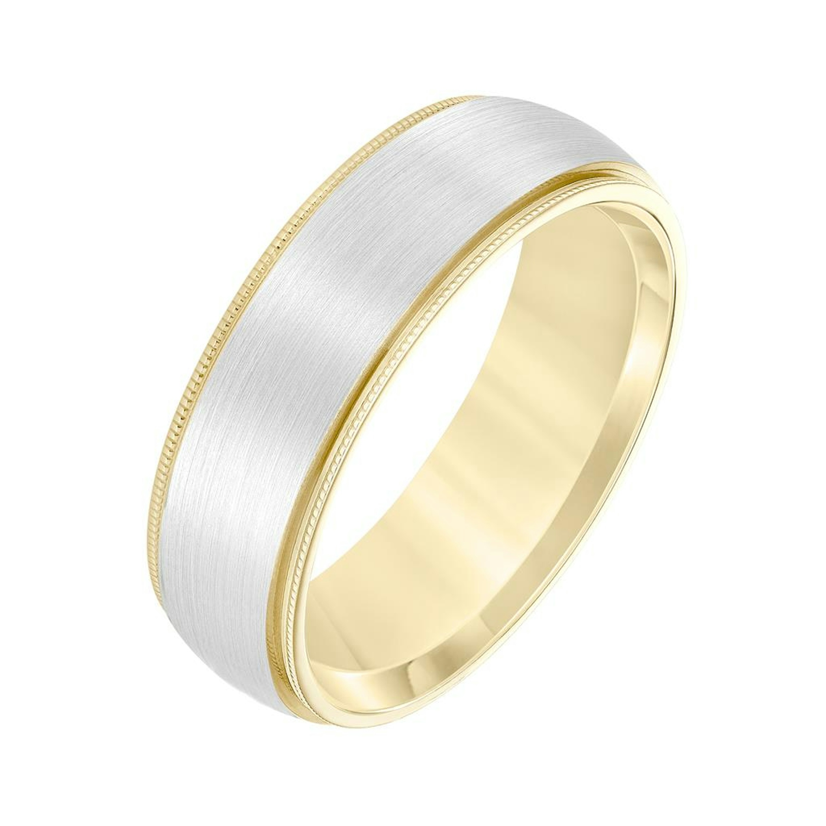 Vertical 14K Yellow and White Gold Low Dome Round Edge Carved Band