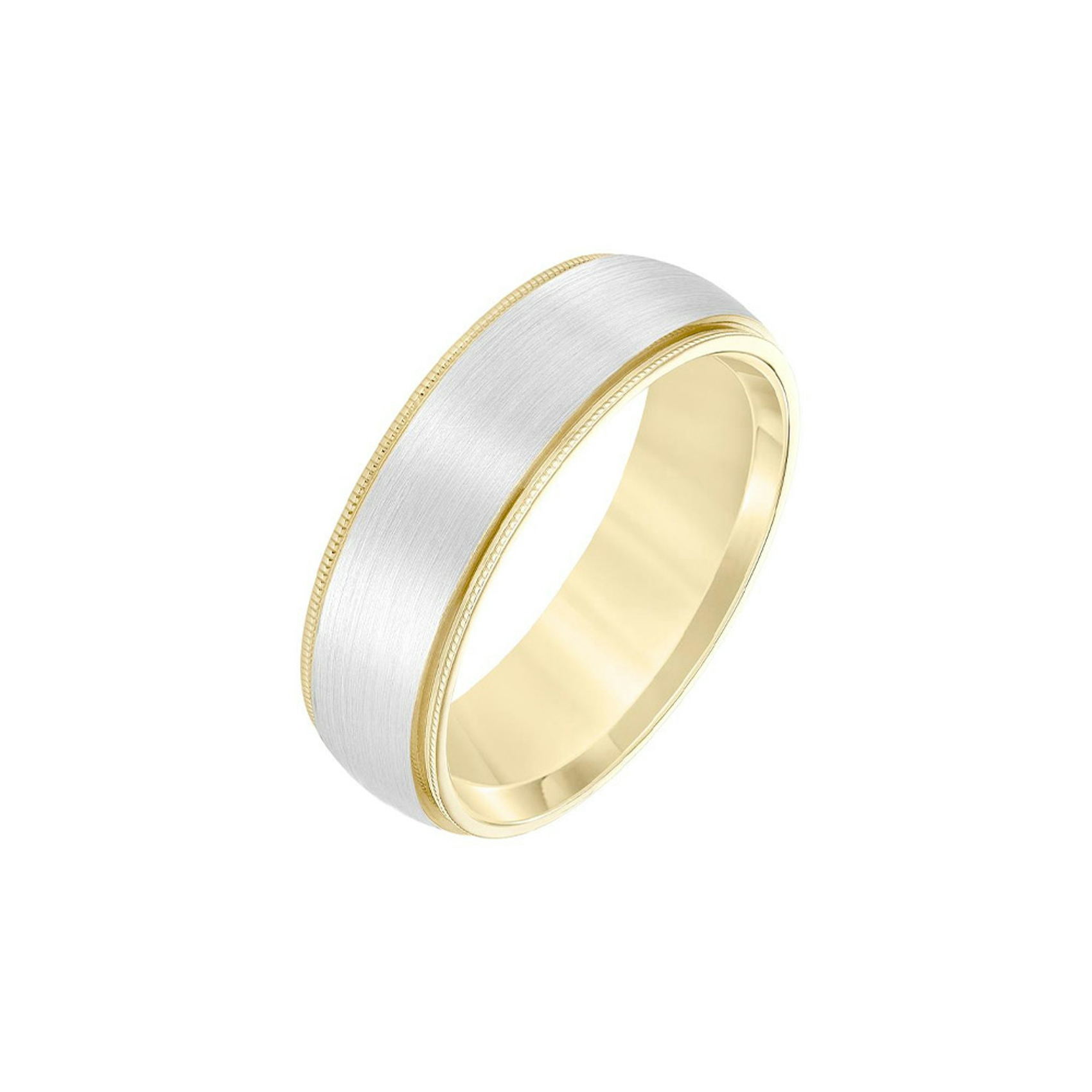 Vertical 18K Yellow and White Gold Low Dome Round Edge Carved Band