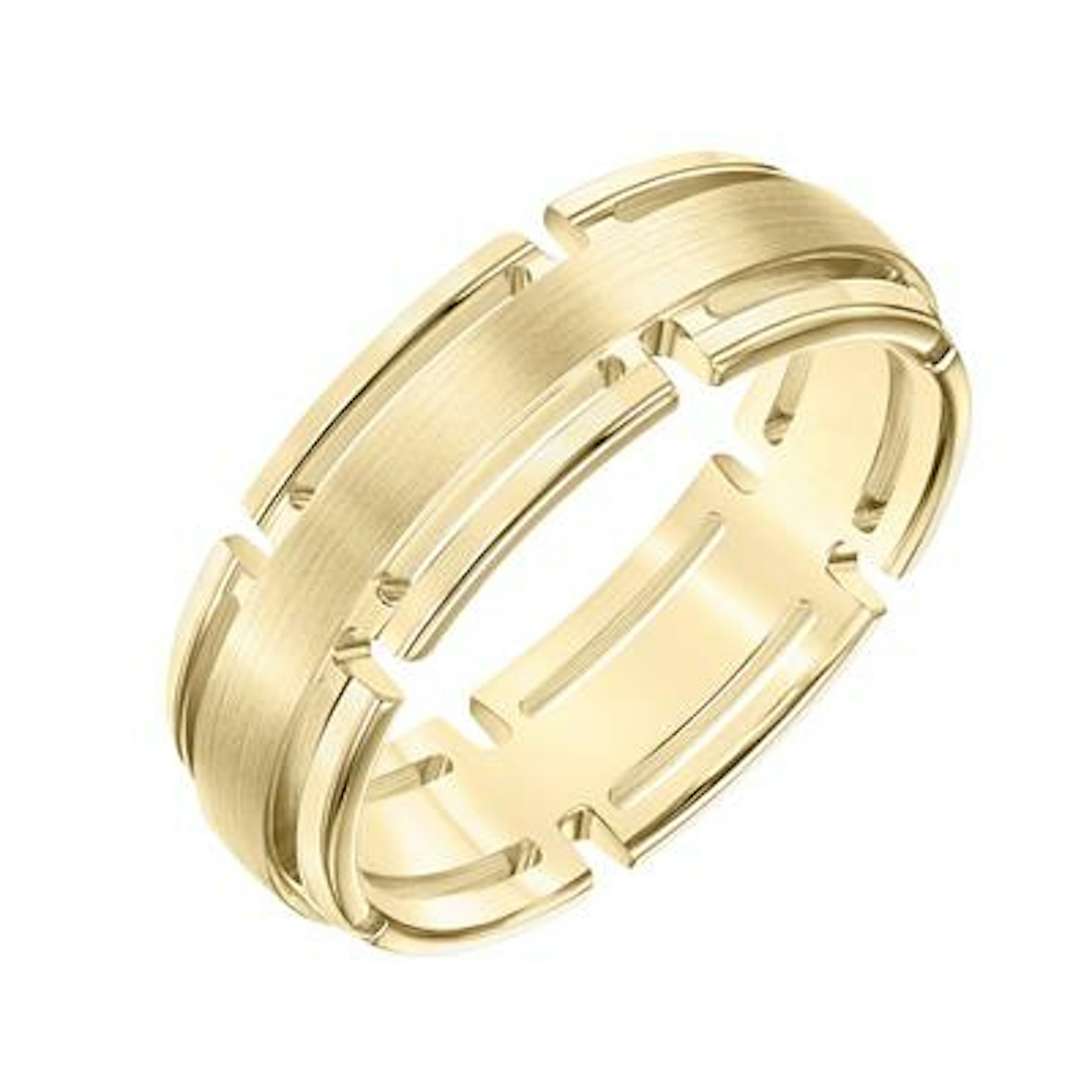 Vertical 14K Yellow Gold Low Dome Round Edge Carved Band