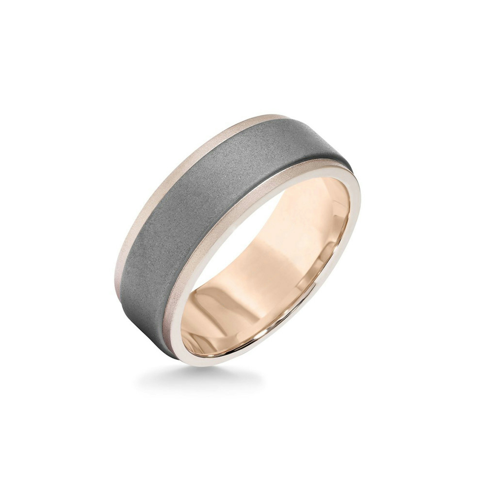 Vertical 18K Rose Gold and Grey Tungsten Matte Sandblasted Center and Step Edge Band