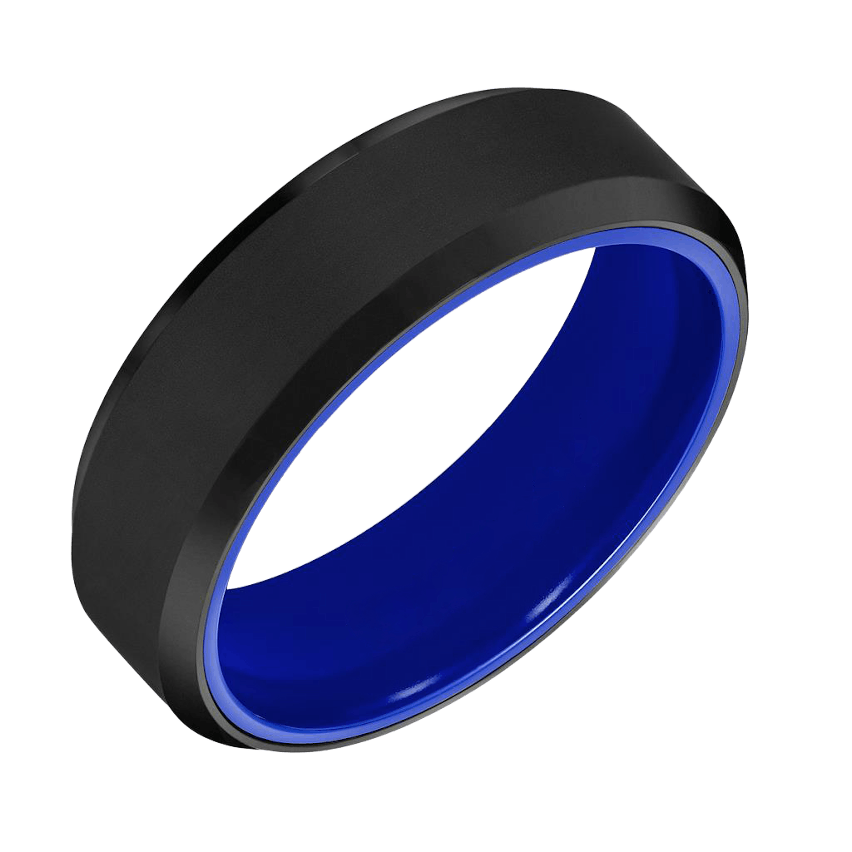 Vertical Blue Ceramic and Black Tungsten Bevel Edge Band
