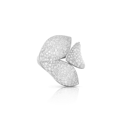 Vertical 18K White Gold Giardini Segreti Diamond Three Leaf Ring