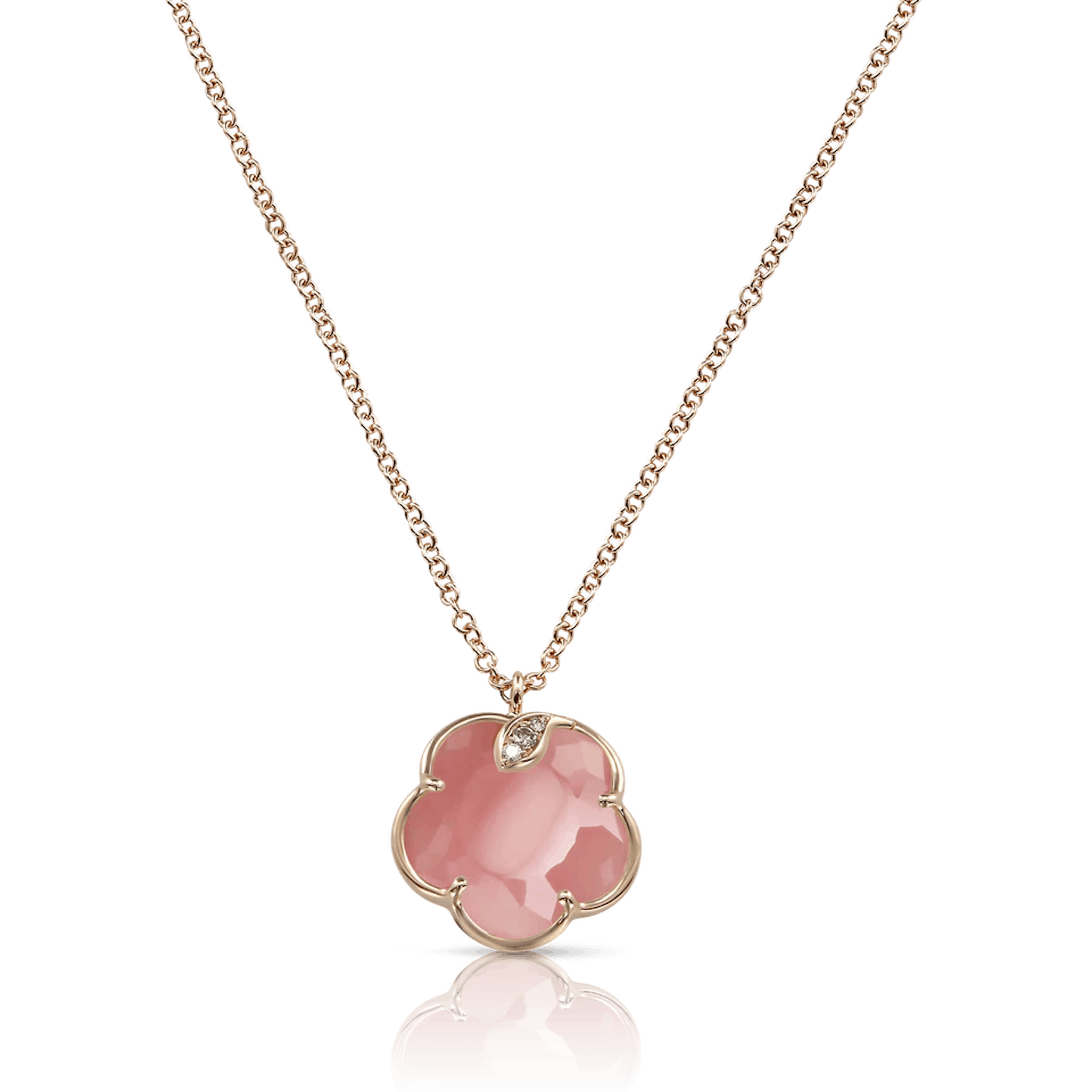 Vertical 18K Rose Gold Petit Joli Pink Chalcedony with White and Champagne Diamond Necklace