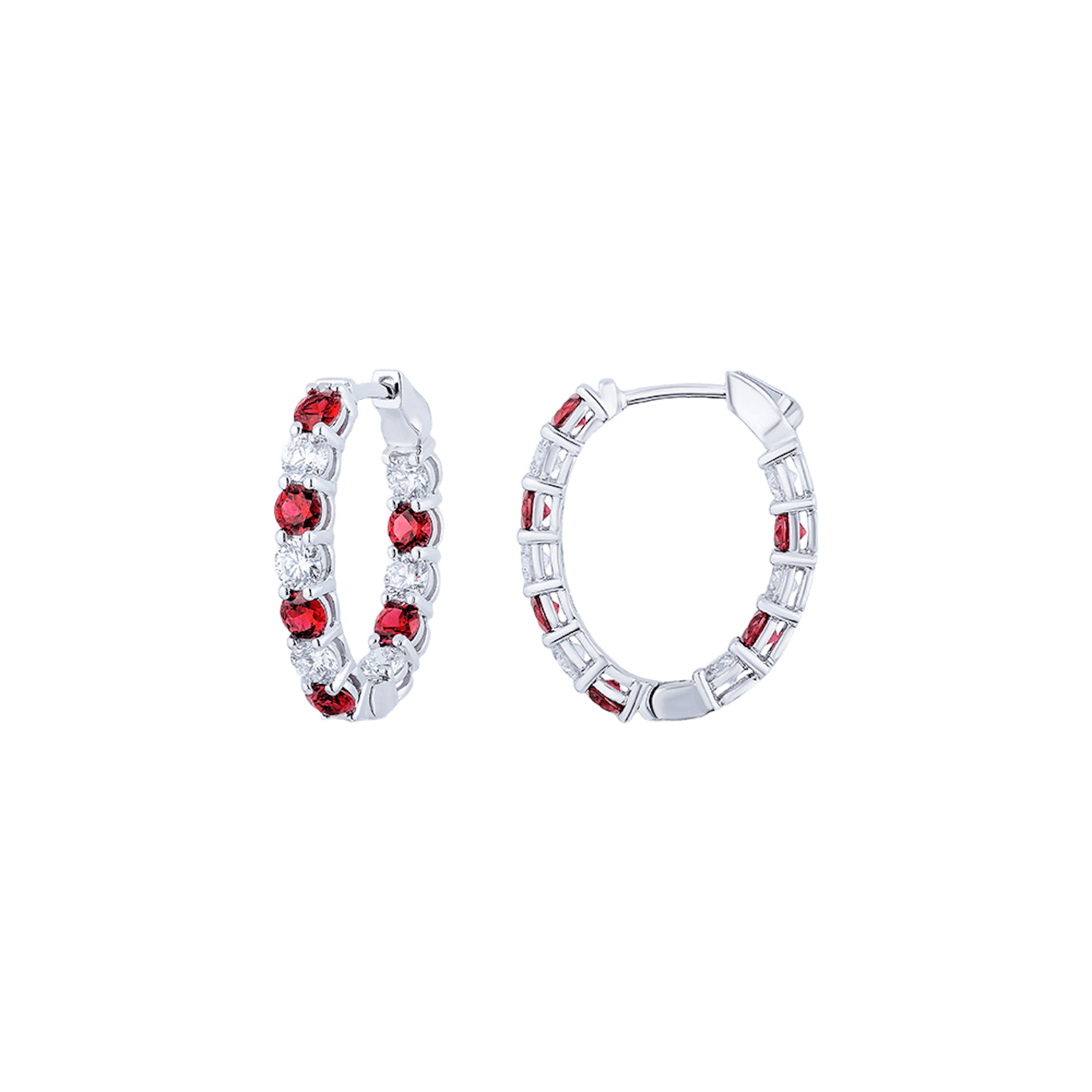 Vertical 18K White Gold Diamond and Ruby Hoop Earrings