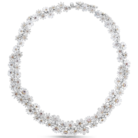 Vertical Platinum Pink and White Diamond Flower Necklace