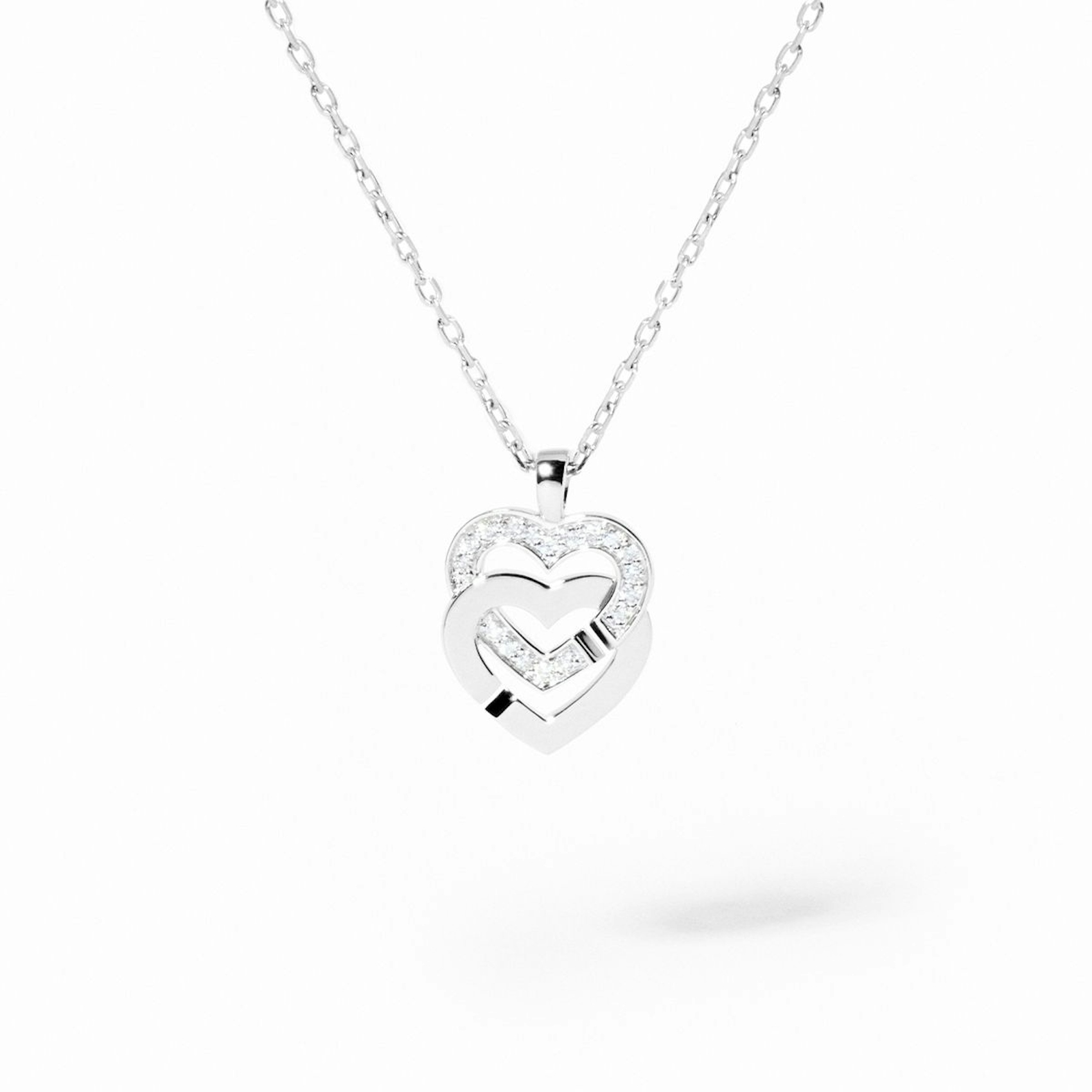 Vertical 18K White Gold Double Coeurs R10 Diamond Pendant Necklace