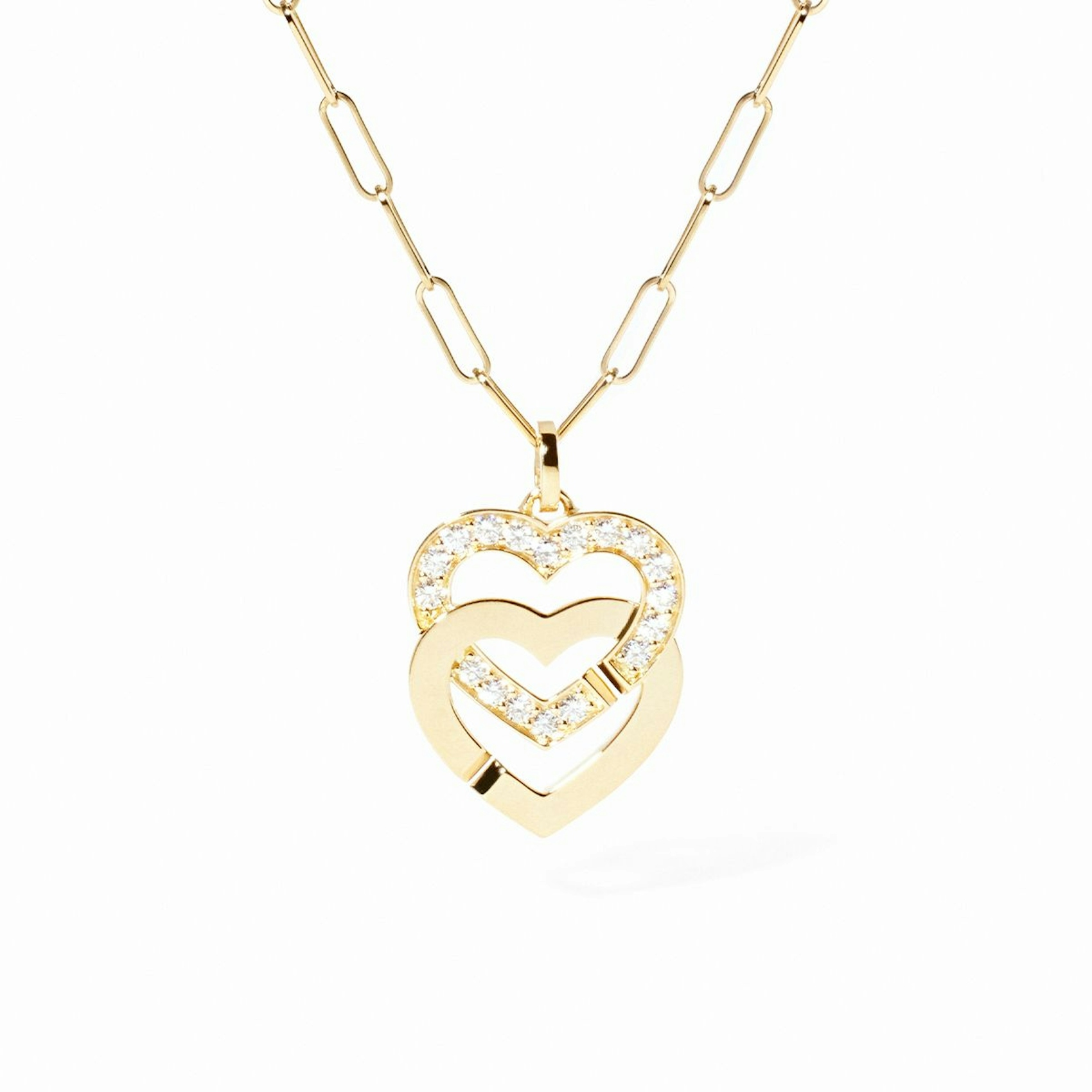 Vertical 18K Yellow Gold Double Coeurs R15 Diamond Pendant with Paperclip Chain