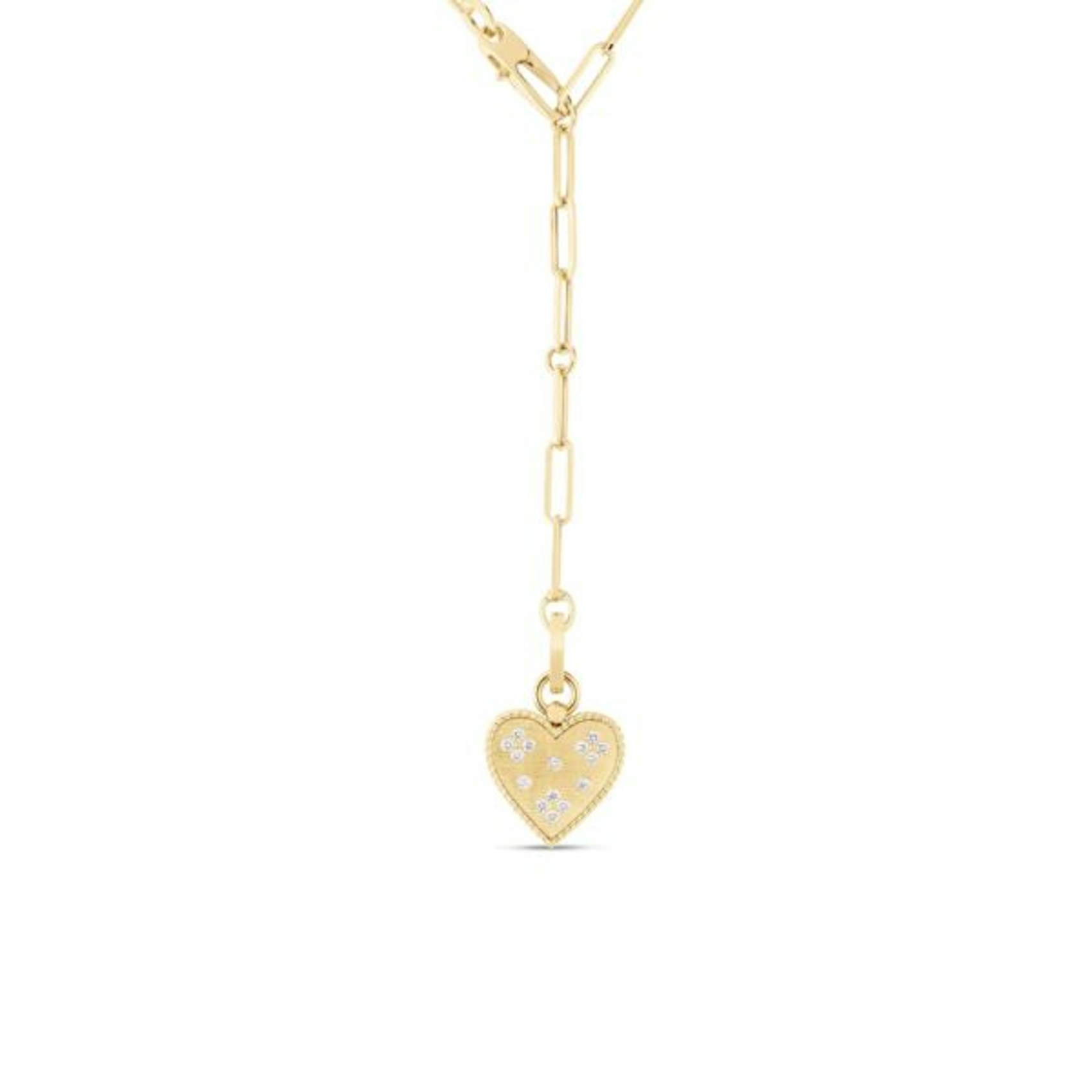 Vertical 18K Yellow Gold Venetian Princess Diamond Accent Heart Medallion Paperclip Necklace