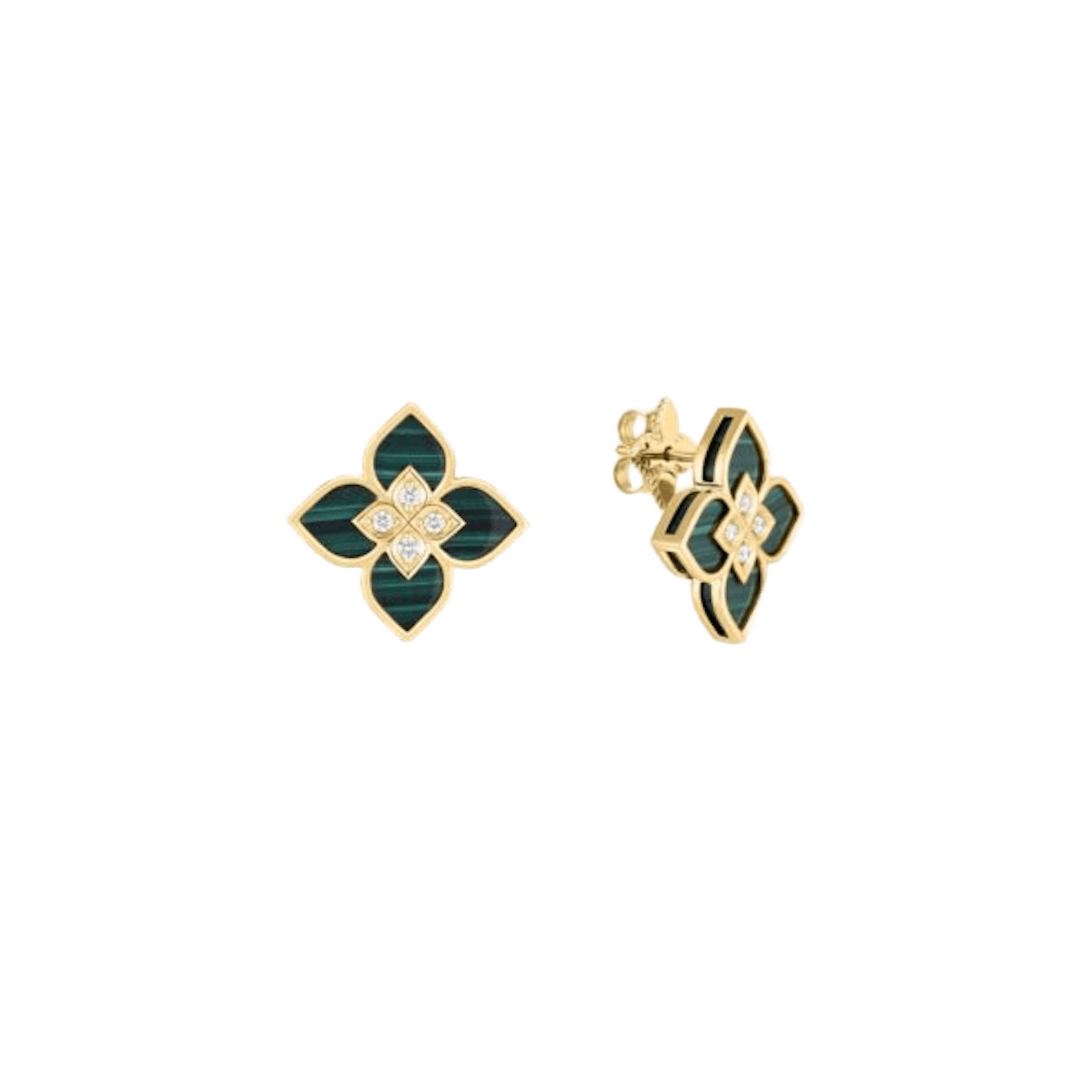 Vertical 18K Yellow Gold Venetian Princess Diamond and Malachite Small Flower Stud Earrings