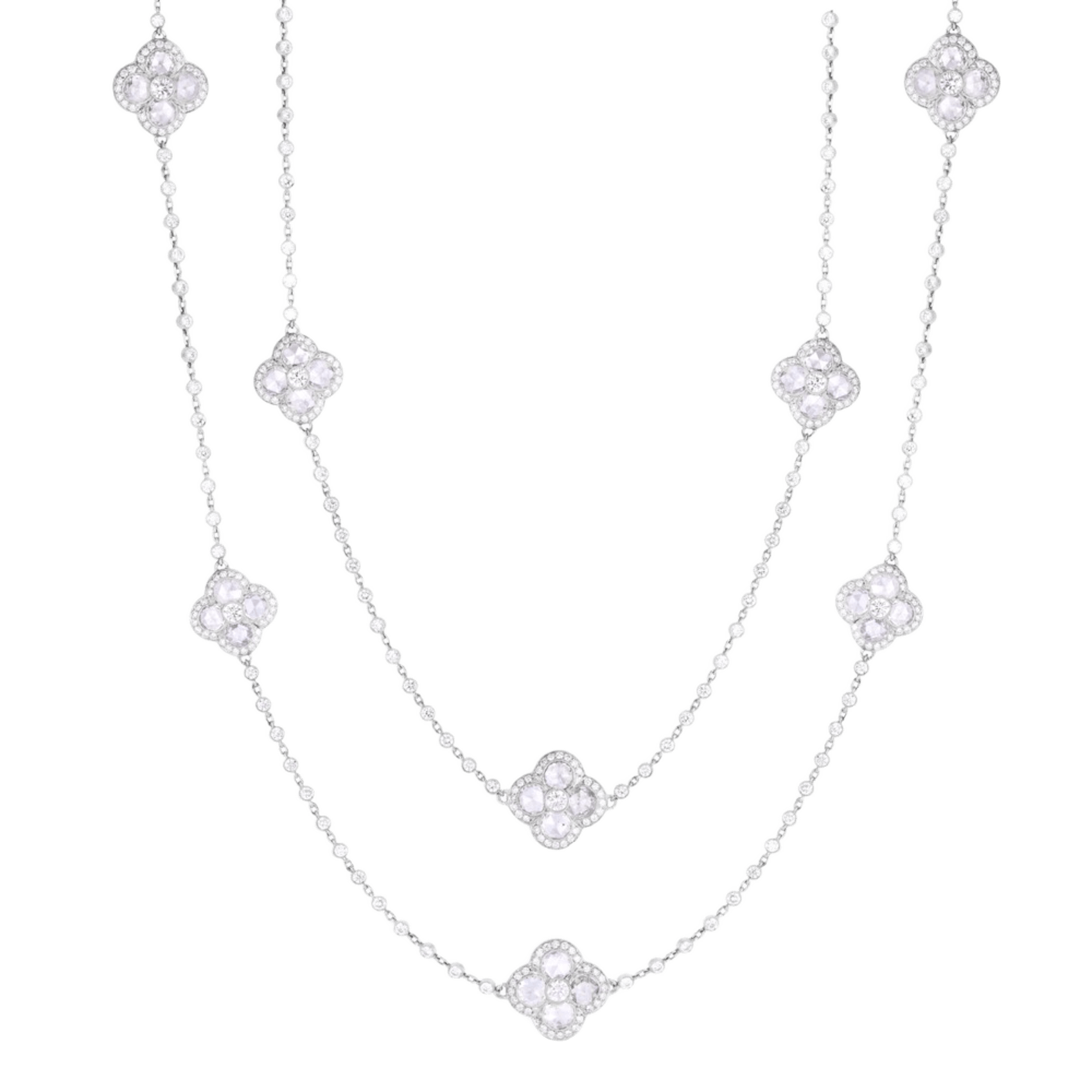 Vertical Platinum Rose Cut and Round Diamond Chain Necklace