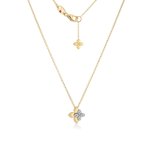 Vertical 18k Yellow and White Gold Love in Verona Diamond Flower Pendant Necklace