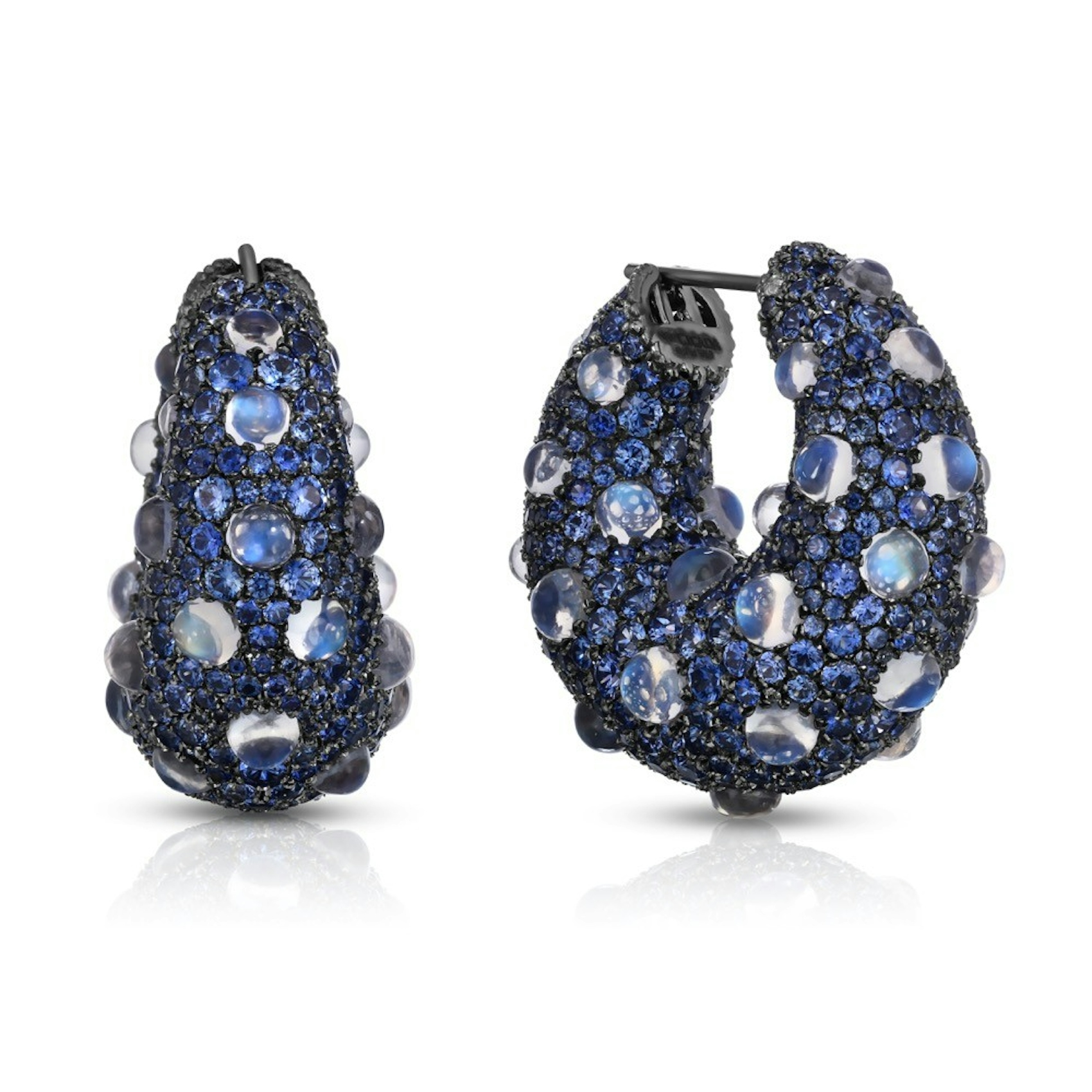 Vertical 18K White Gold and Black Rhodium with Sapphire and Moonstone Hoop Earrings