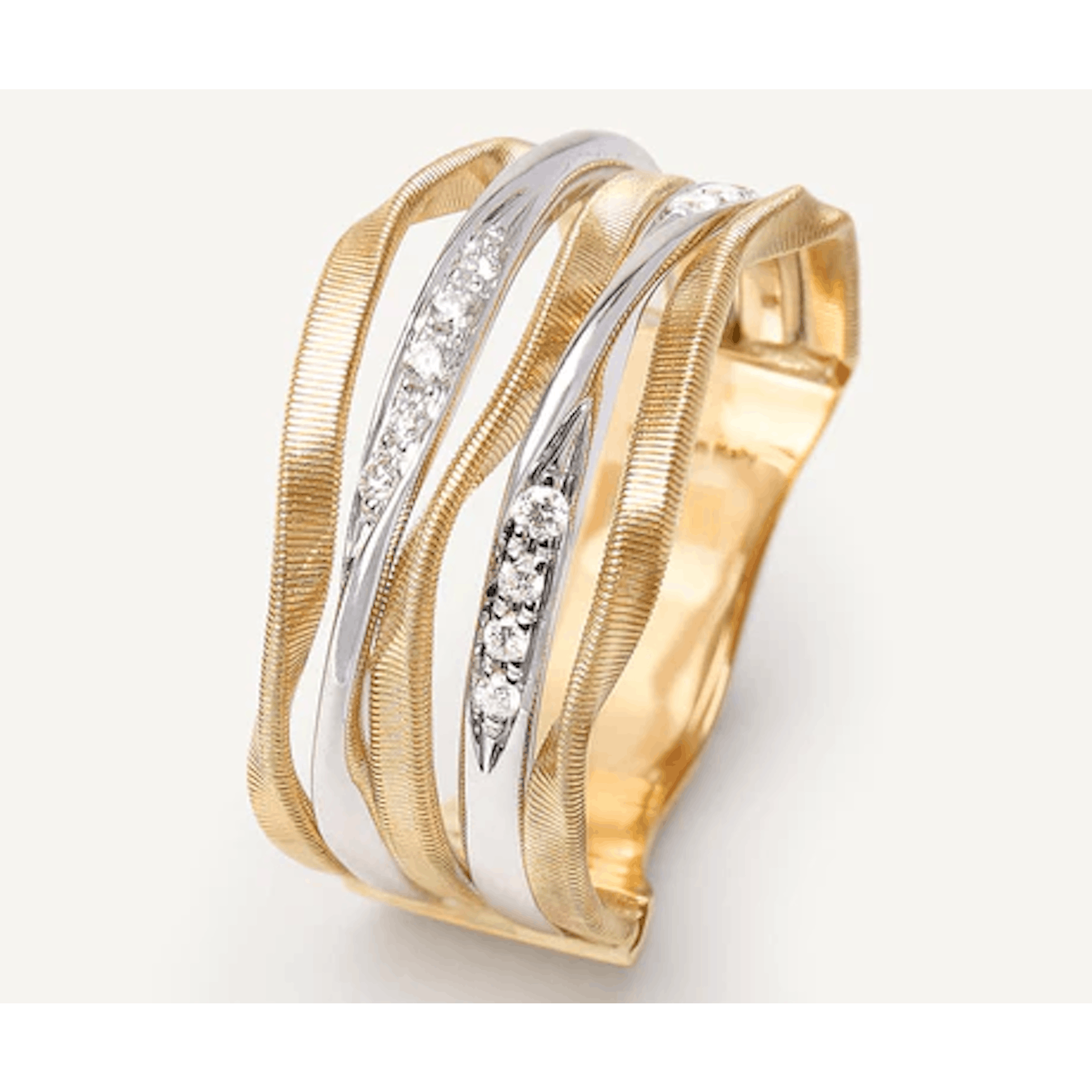 Vertical 18K Yellow and White Gold Marrakech Onde Pave Diamond Strand Coil Ring