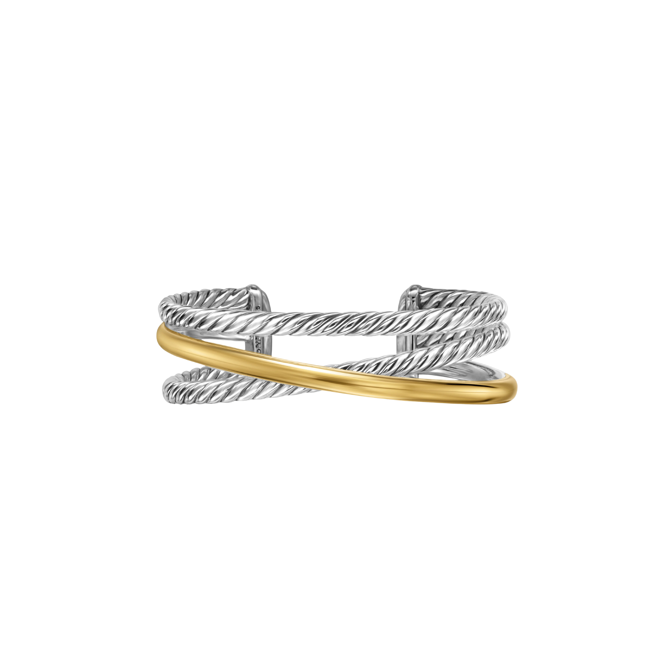 Vertical Bold Crossover Three Row Cuff Bracelet Sterling Silver with 14K Yellow Gold, 19mm