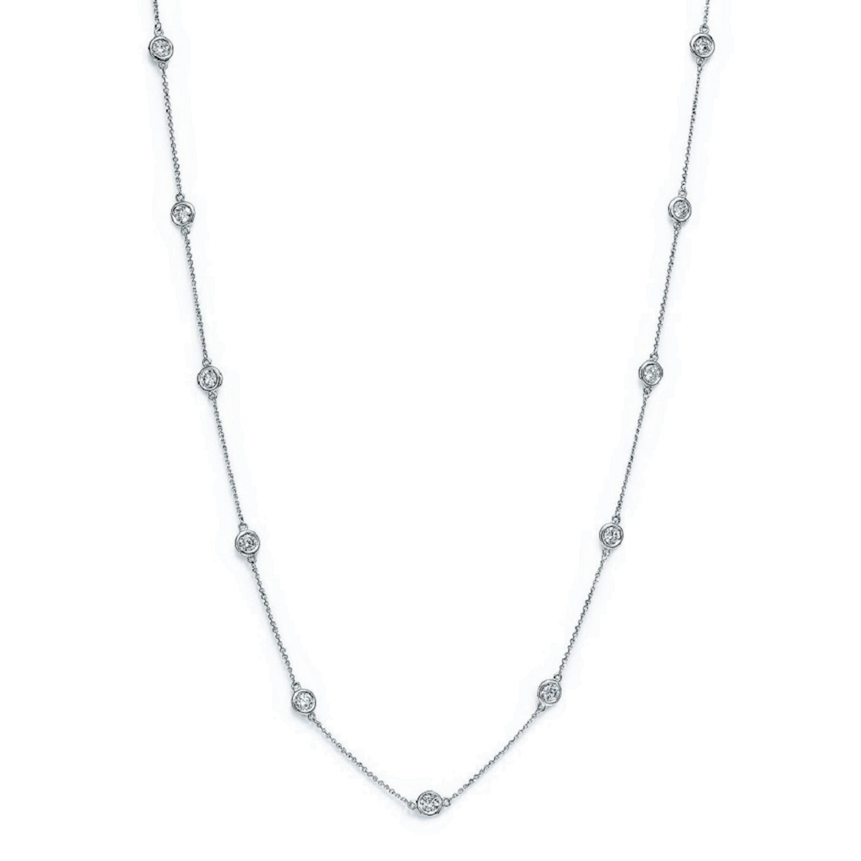Vertical 14K White Gold Round Diamond Bezel-Set Necklace