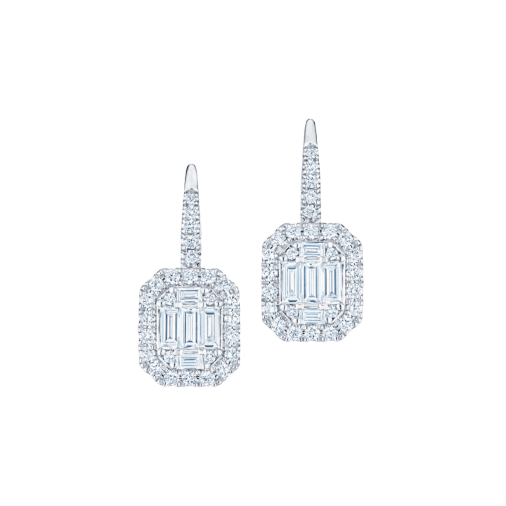 Vertical 18K White Gold Sunburst Emerald Diamond Drop Earrings