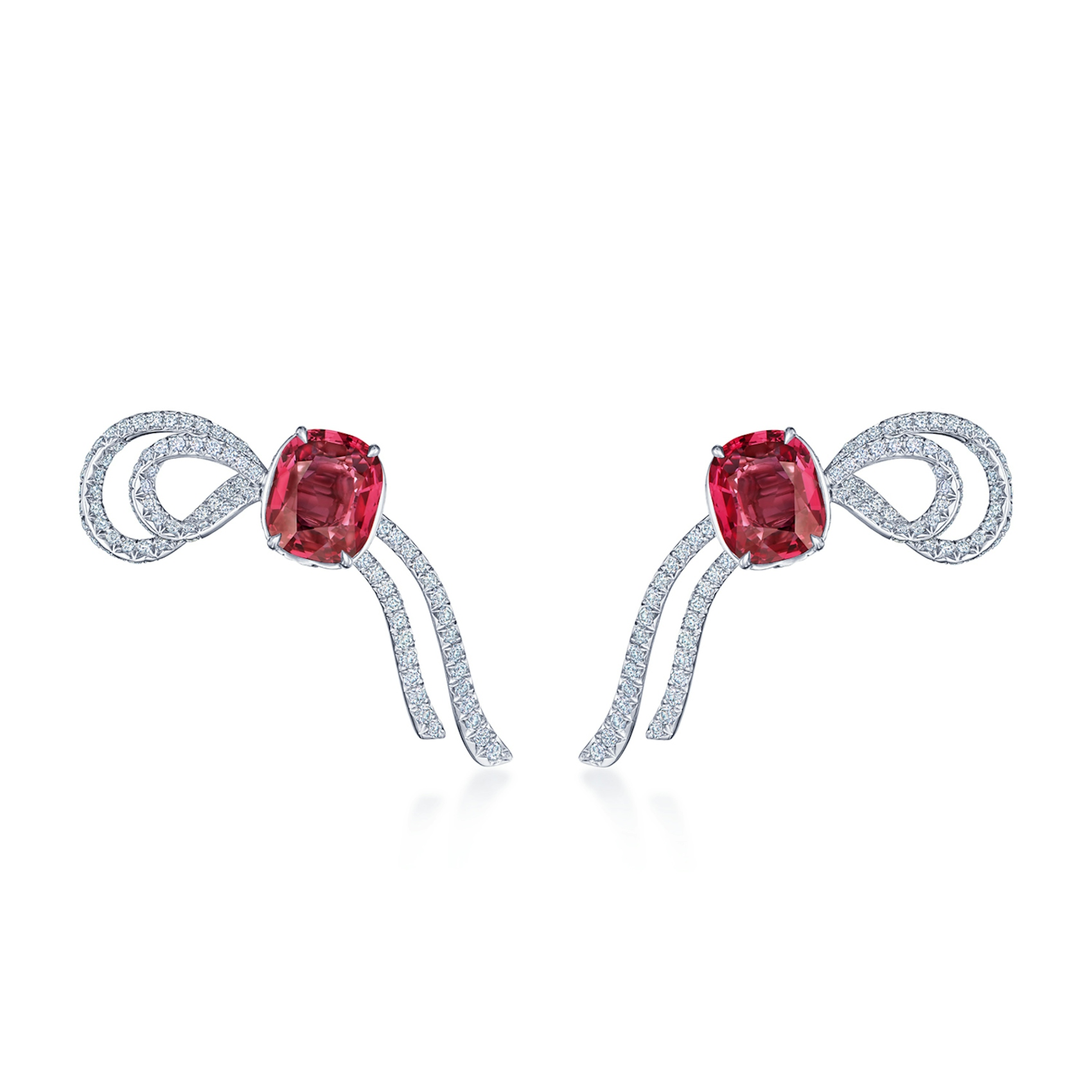 Vertical 18K White Gold Cushion Ruby and Diamond Bow Earrings