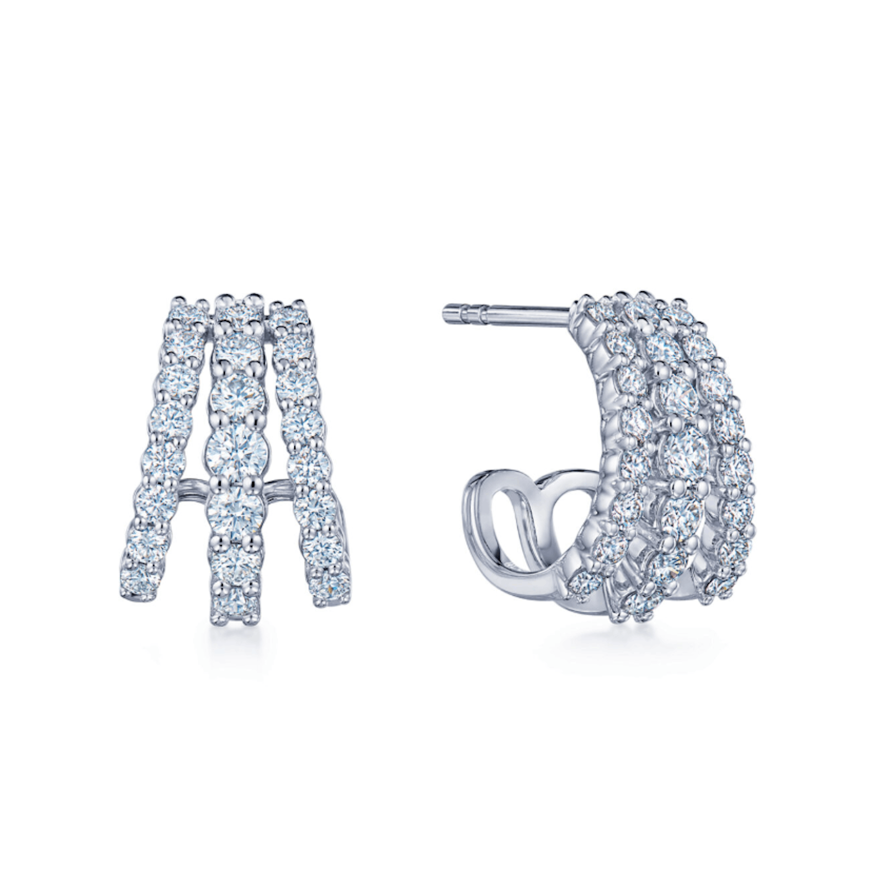 Vertical 18K White Gold Lyric 3-Row Diamond Huggie Cuff Earrings