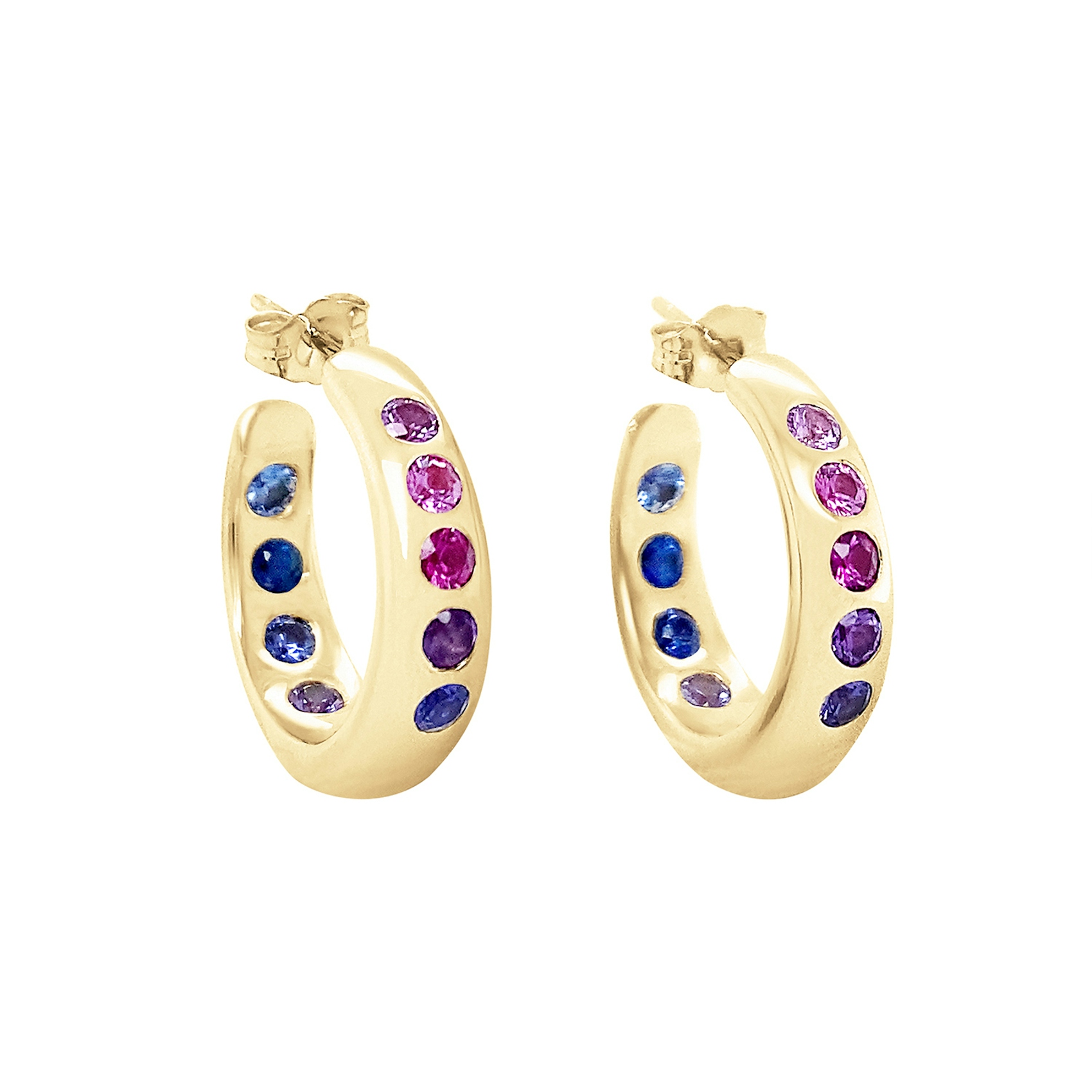 Vertical 14k Yellow Diamond Multi-Sapphire Hoop Earrings