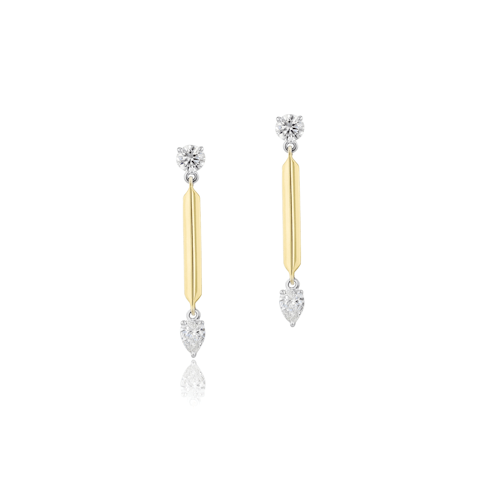 Vertical 18K Yellow Gold/Platinum Round and Pear Diamond Drop Earrings