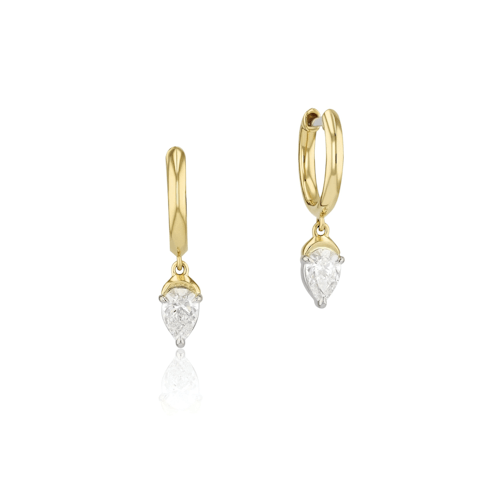 Vertical 18K Yellow Gold and Platinum Pear Diamond Huggie Earrings