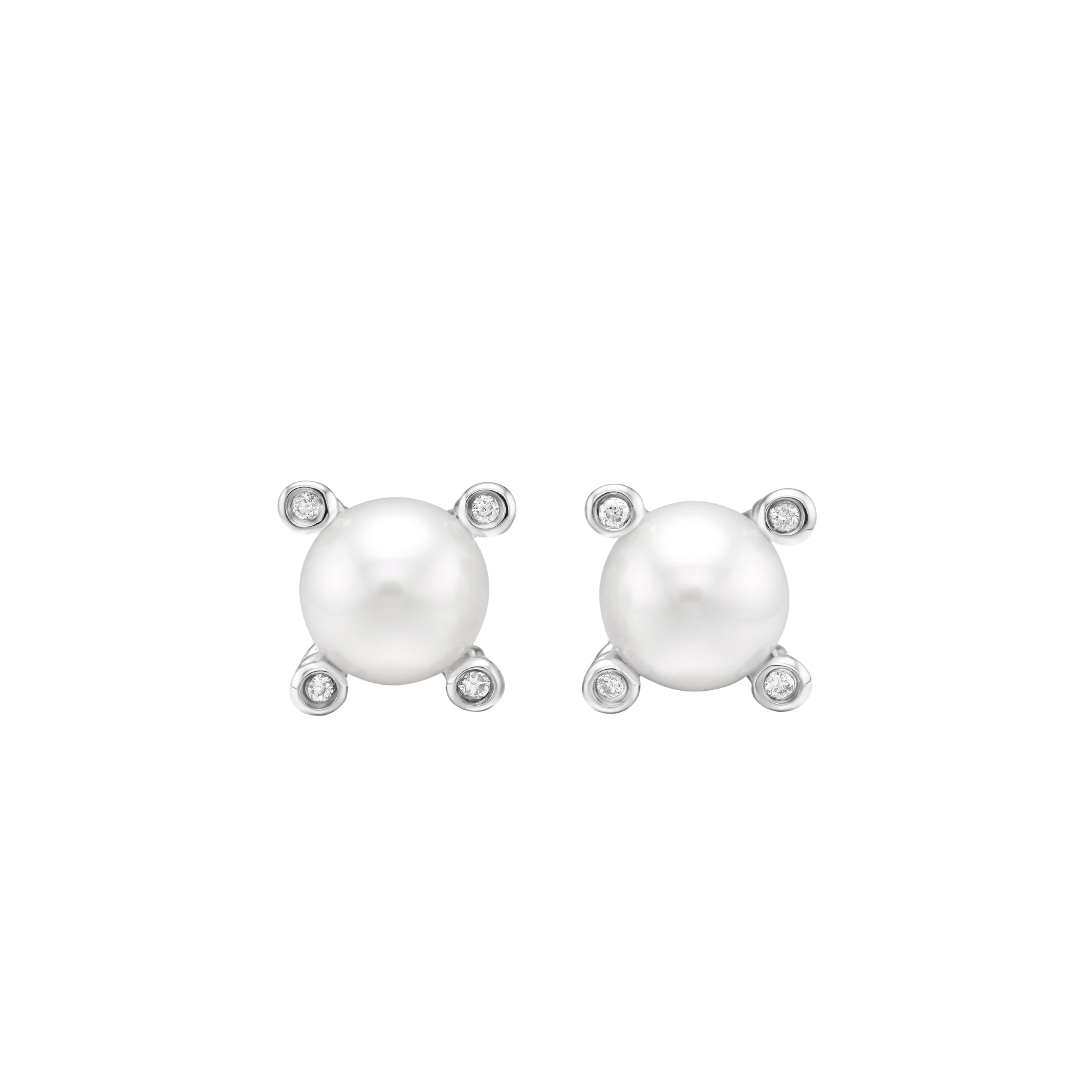 Vertical Pearl Stud Earrings Sterling Silver with Pearls and Diamonds, 7.4mm