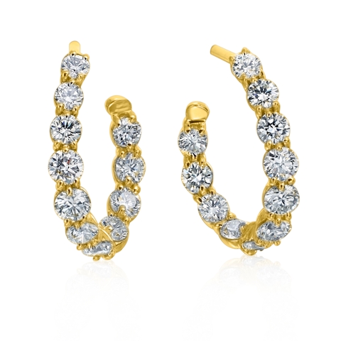 Vertical 18K Yellow Moon Round Diamond Hoop Earrings